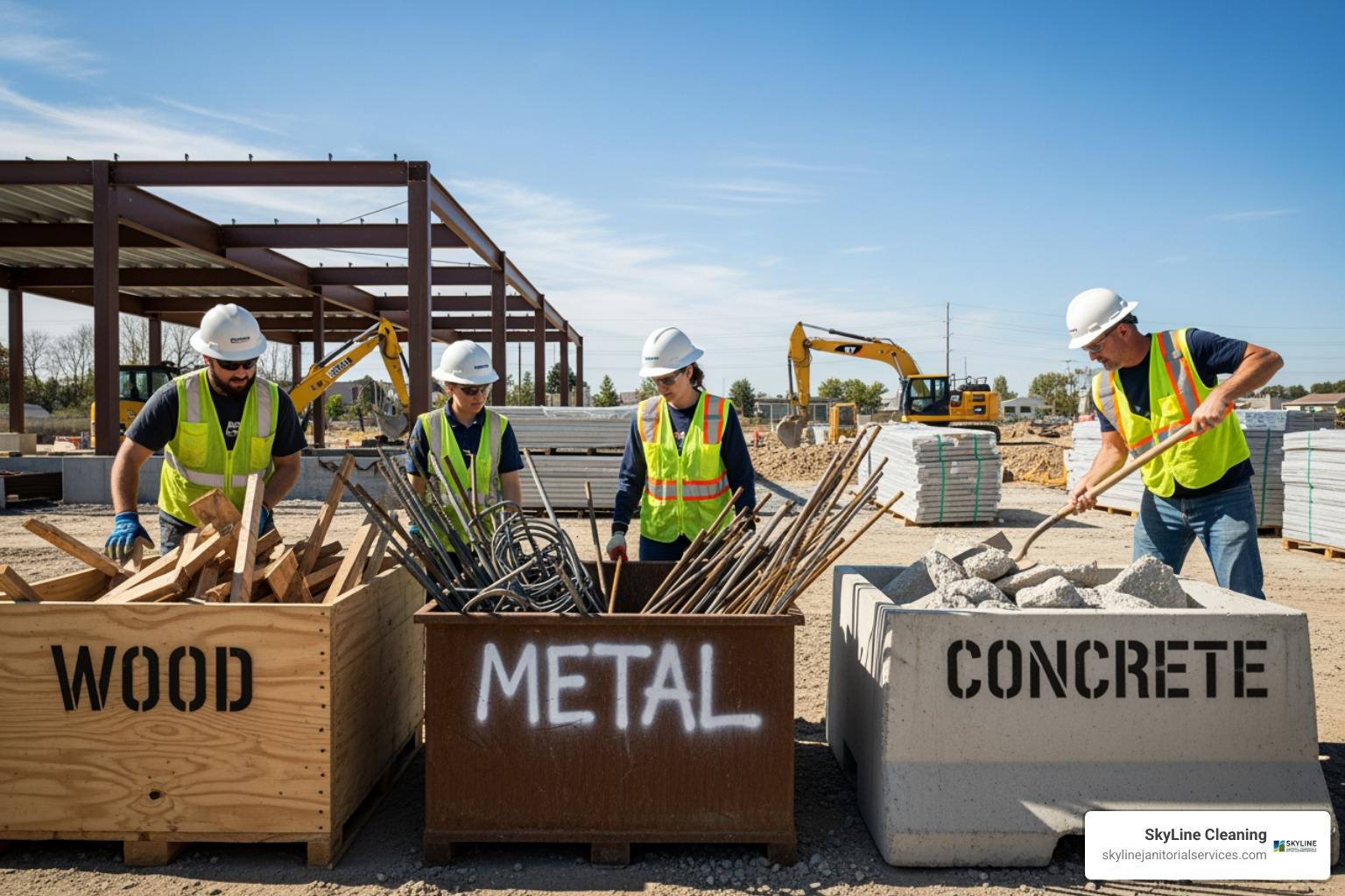 construction workers sorting different materials like wood, metal, and concrete into separate, clearly labeled bins. - construction site debris removal