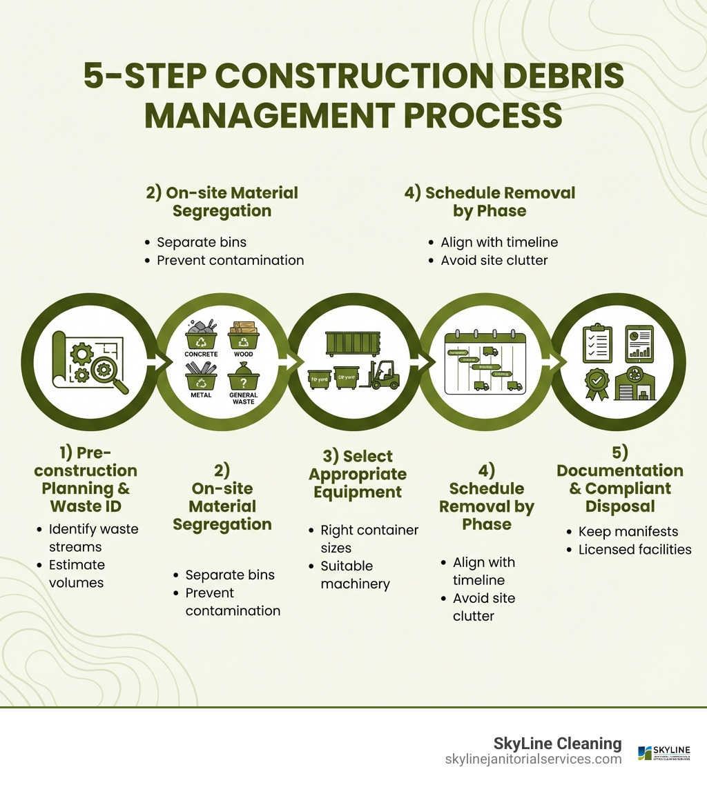 Infographic showing the 5-step construction debris management process: 1) Pre-construction planning and waste stream identification, 2) On-site material segregation into concrete, wood, metal, and general waste, 3) Selecting appropriate equipment and container sizes, 4) Scheduling removal aligned with project phases, 5) Documentation and compliant disposal at licensed facilities - construction site debris removal infographic 