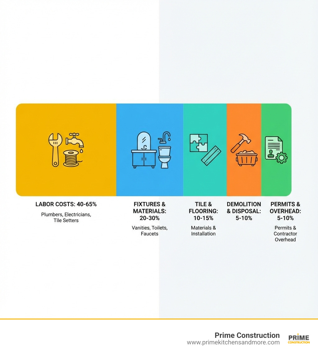 Infographic showing bathroom remodel cost breakdown: 40-65% labor costs including plumbers, electricians, and tile setters; 20-30% fixtures and materials including vanities, toilets, and faucets; 10-15% tile and flooring materials and installation; 5-10% demolition and disposal; 5-10% permits and contractor overhead - bathroom remodel cost infographic 