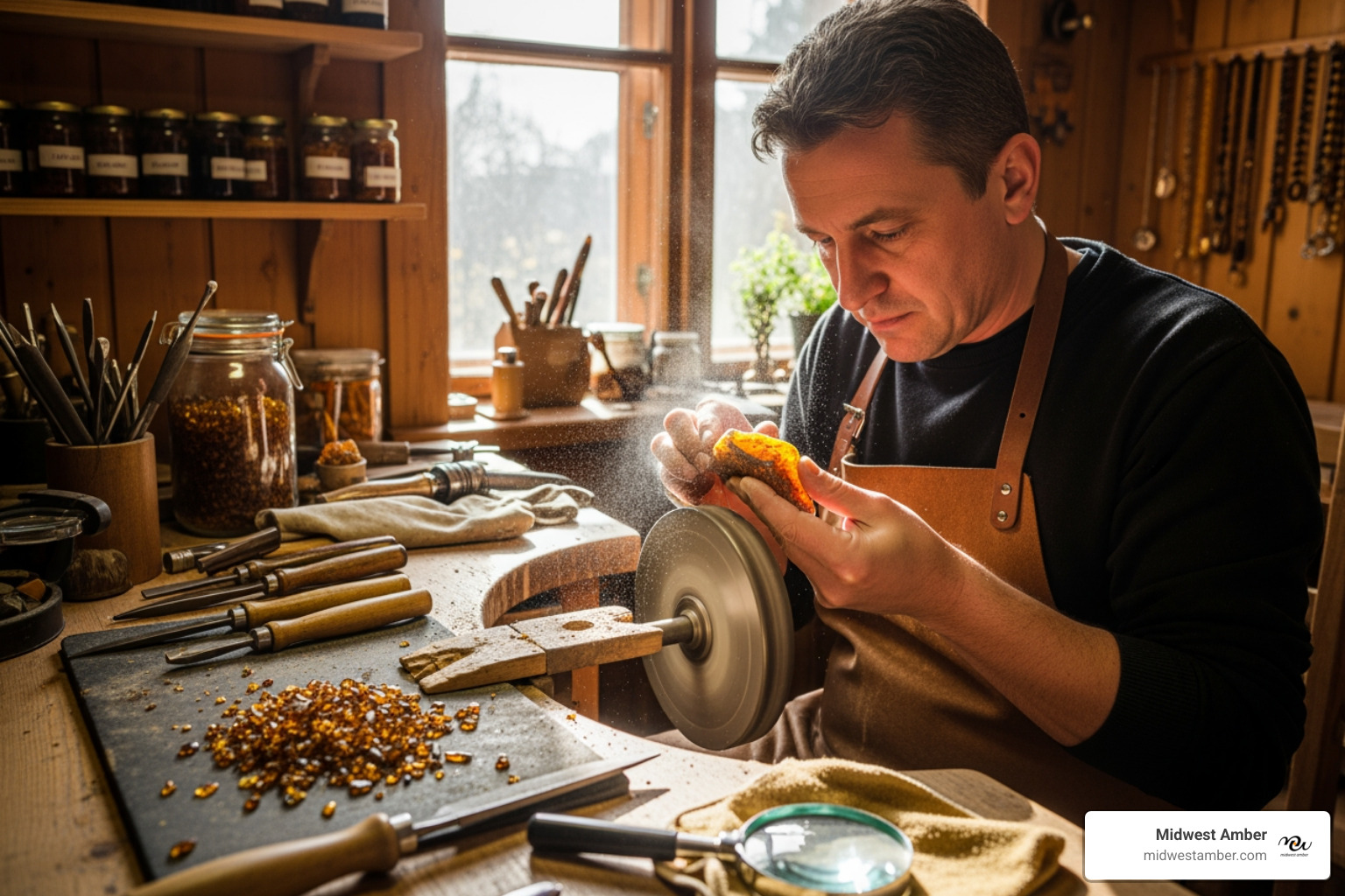 An artisan carefully shaping a piece of raw Baltic amber in a traditional Polish workshop, surrounded by hand tools and amber dust - amber earrings from poland