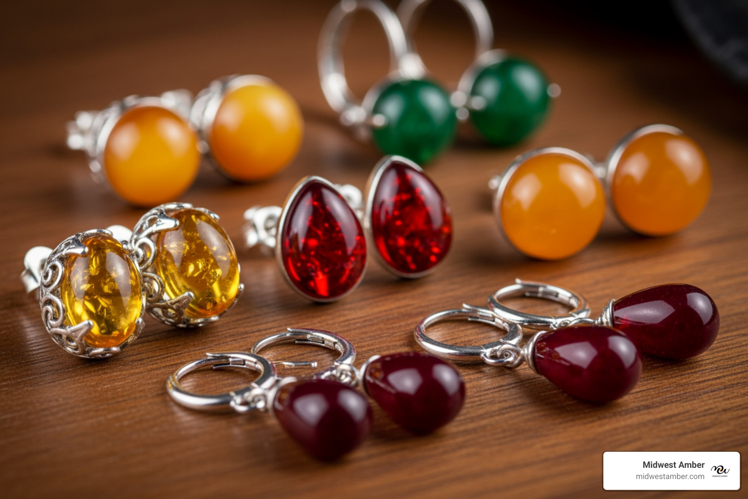 A collection of various amber earrings displayed together, showcasing a rich diversity of colors including transparent honey, opaque butterscotch, deep cherry red, and rare green amber - amber earrings from poland