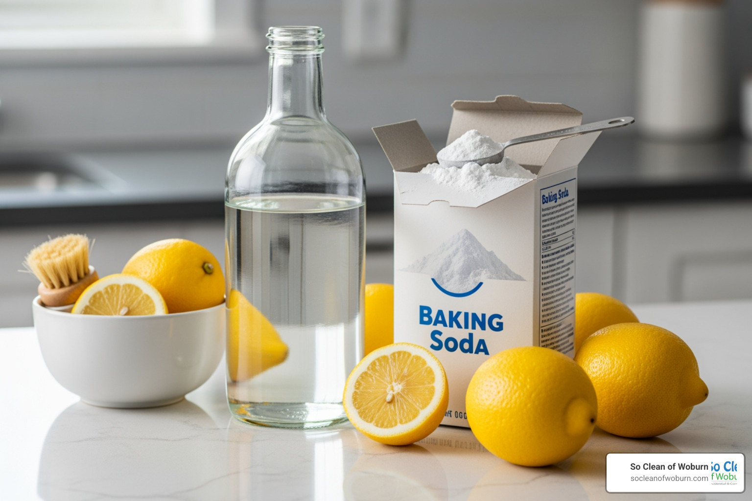 common DIY cleaning ingredients like vinegar, baking soda, and lemons arranged neatly on a countertop - non toxic bathroom cleaner