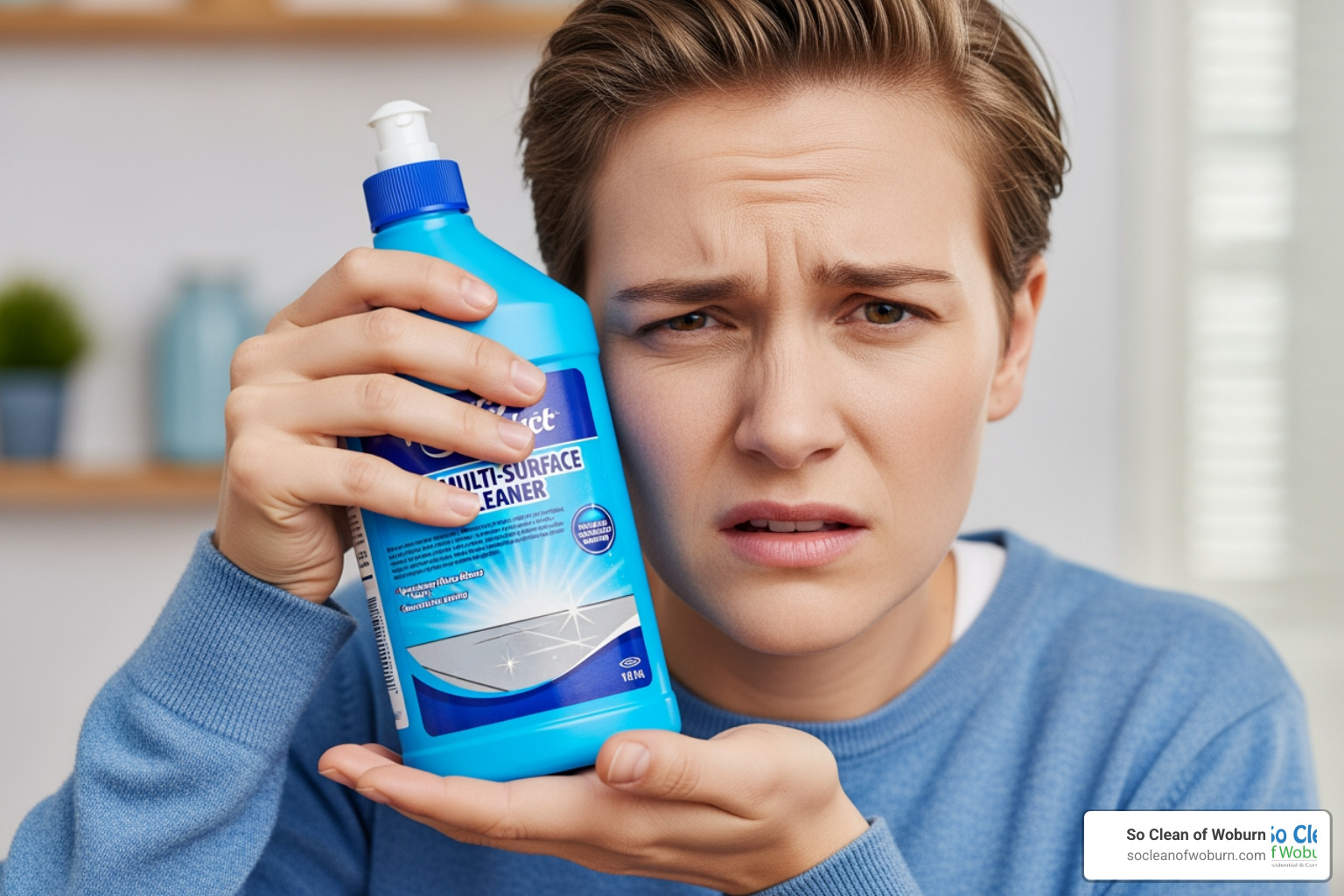 person reading the label on a cleaning product with a confused expression - non toxic bathroom cleaner
