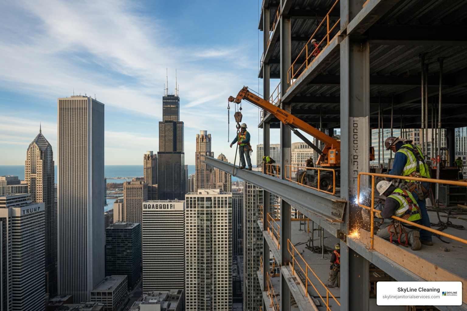 construction crew working on a high-rise in downtown Chicago - construction site cleaning
