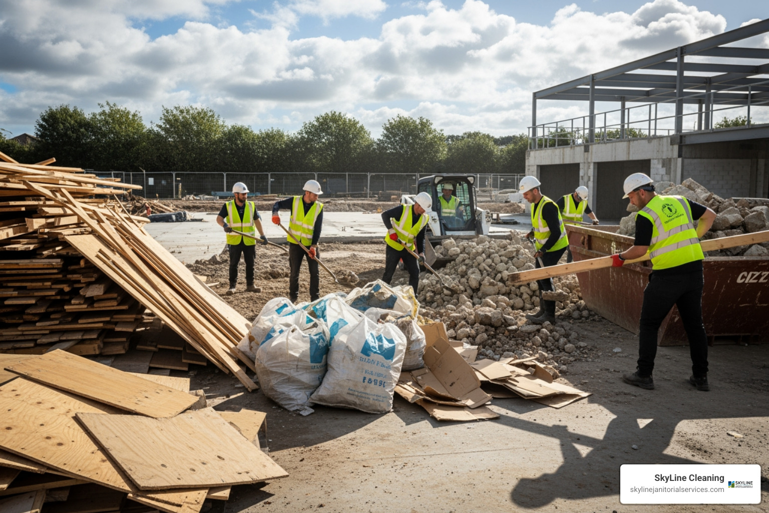 cleaning crew removing large debris and trash from a construction site - construction site cleaning