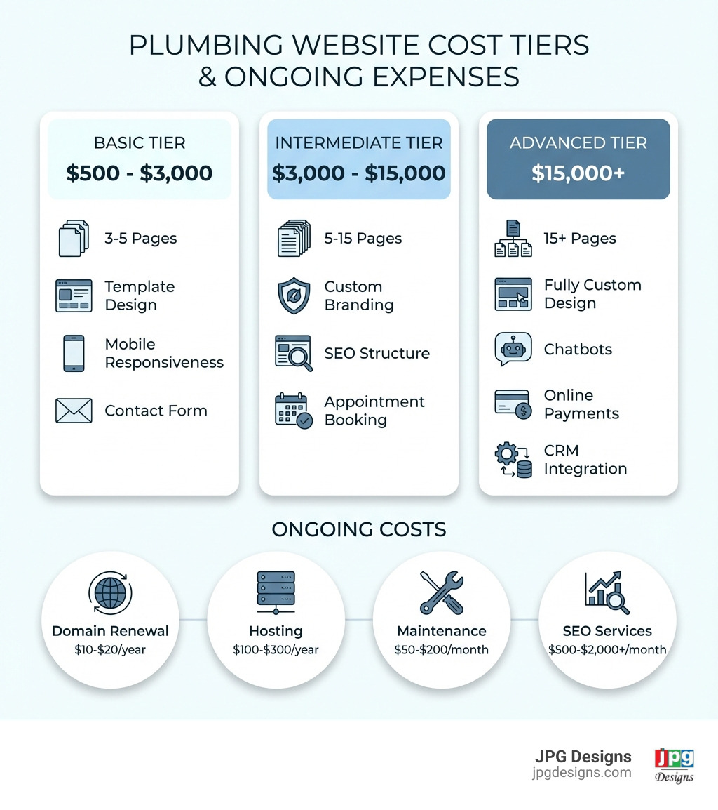 Infographic showing plumbing website cost tiers: Basic ($500-$3,000) includes 3-5 pages with template design and mobile responsiveness; Intermediate ($3,000-$15,000) includes 5-15 pages with custom branding, SEO structure, and appointment booking; Advanced ($15,000+) includes 15+ pages with fully custom design, chatbots, online payments, and CRM integration. Also shows ongoing costs: domain renewal ($10-$20/year), hosting ($100-$300/year), maintenance ($50-$200/month), and SEO services ($500-$2,000+/month). - plumbing web design services cost infographic 