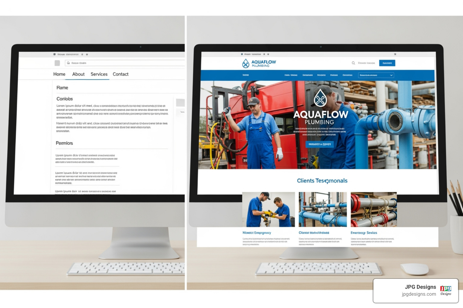 illustrating the difference between a basic template site and a custom-designed professional site - plumbing web design services cost