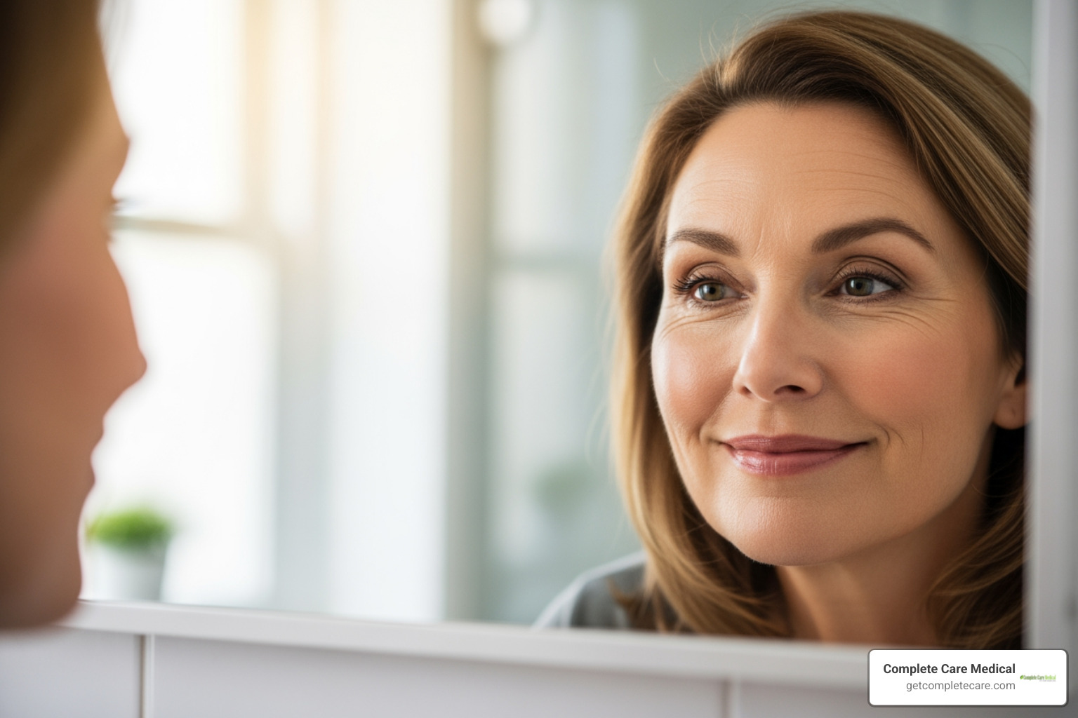 A person with healthy, mature skin looking in a mirror, highlighting the natural beauty of aging skin - skin care for aging