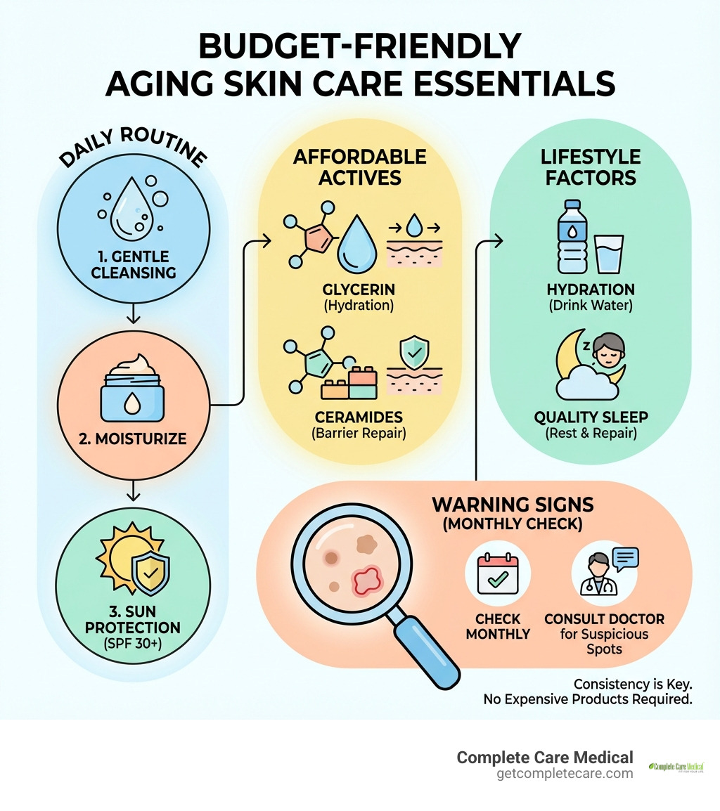 Comprehensive infographic showing the essential budget-friendly skin care routine for aging skin, including cleansing, moisturizing, sun protection with SPF 30+, affordable active ingredients like glycerin and ceramides, lifestyle factors like hydration and sleep, and warning signs to watch for when checking skin monthly - skin care for aging infographic 