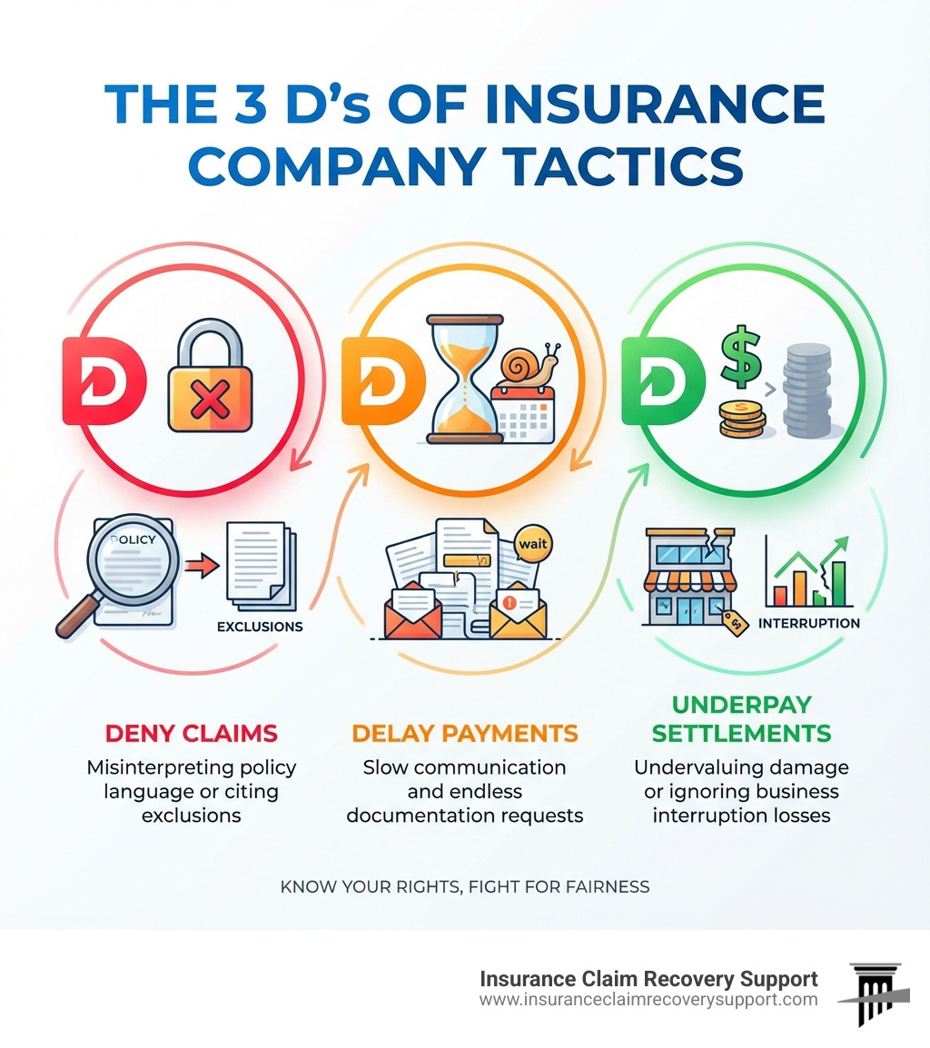 infographic showing the 3 D's of insurance company tactics: Deny claims by misinterpreting policy language or citing exclusions; Delay payments through slow communication and endless documentation requests; Underpay settlements by undervaluing damage or ignoring business interruption losses - lawyer to fight insurance company infographic infographic showing the 3 D's of insurance company tactics: Deny claims by misinterpreting policy language or citing exclusions; Delay payments through slow communication and endless documentation requests; Underpay settlements by undervaluing damage or ignoring business interruption losses - lawyer to fight insurance company infographic