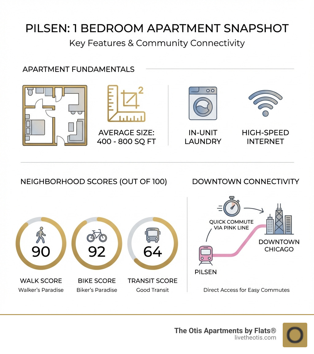 infographic showing key features of 1 bedroom apartments in pilsen including average size of 400-800 square feet, common amenities like in-unit laundry and high-speed internet, walkability score of 90 out of 100, bike score of 92 out of 100, and transit score of 64 out of 100, plus proximity to downtown via pink line - 1 bedroom apartments pilsen infographic 