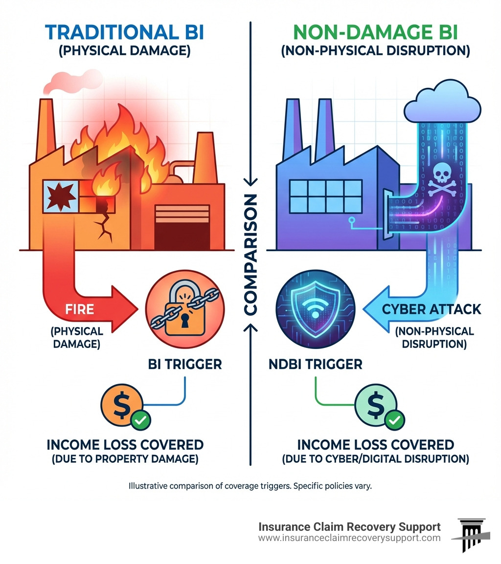 infographic comparing traditional business interruption requiring fire damage to factory versus non-damage business interruption from cyber attack on same factory - non damage business interruption infographic 