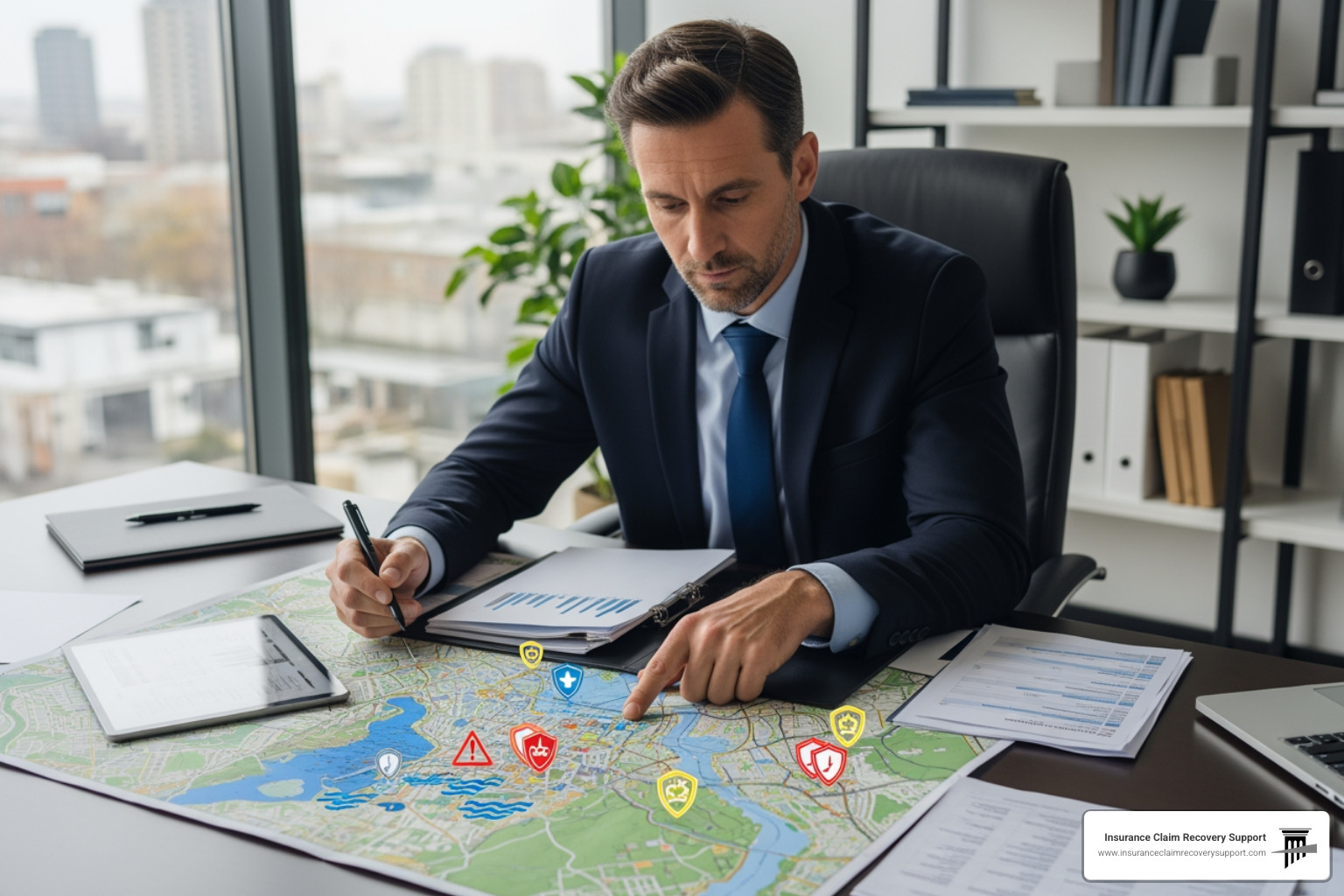 business owner reviewing risk assessment map - non damage business interruption