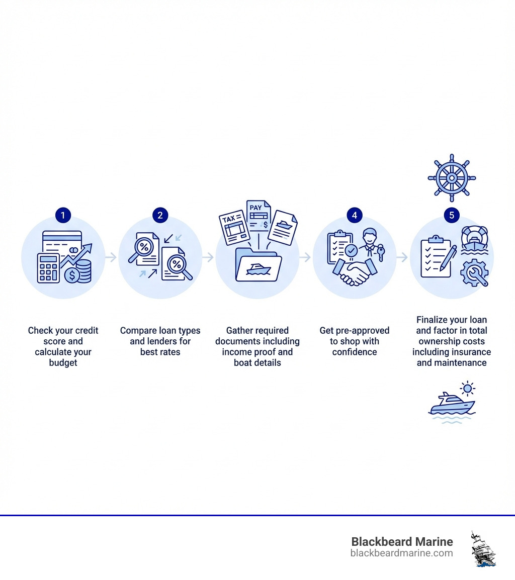 Infographic showing 5 key steps to financing a boat: 1. Check your credit score and calculate your budget, 2. Compare loan types and lenders for best rates, 3. Gather required documents including income proof and boat details, 4. Get pre-approved to shop with confidence, 5. Finalize your loan and factor in total ownership costs including insurance and maintenance - Boat Financing Options infographic Infographic showing 5 key steps to financing a boat: 1. Check your credit score and calculate your budget, 2. Compare loan types and lenders for best rates, 3. Gather required documents including income proof and boat details, 4. Get pre-approved to shop with confidence, 5. Finalize your loan and factor in total ownership costs including insurance and maintenance - Boat Financing Options infographic