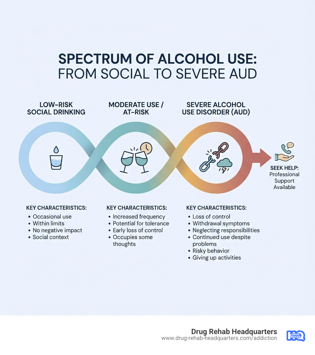 infographic showing the spectrum of alcohol use from low-risk social drinking through moderate use to severe alcohol use disorder with key characteristics at each stage - alcohol addiction signs infographic infographic showing the spectrum of alcohol use from low-risk social drinking through moderate use to severe alcohol use disorder with key characteristics at each stage - alcohol addiction signs infographic