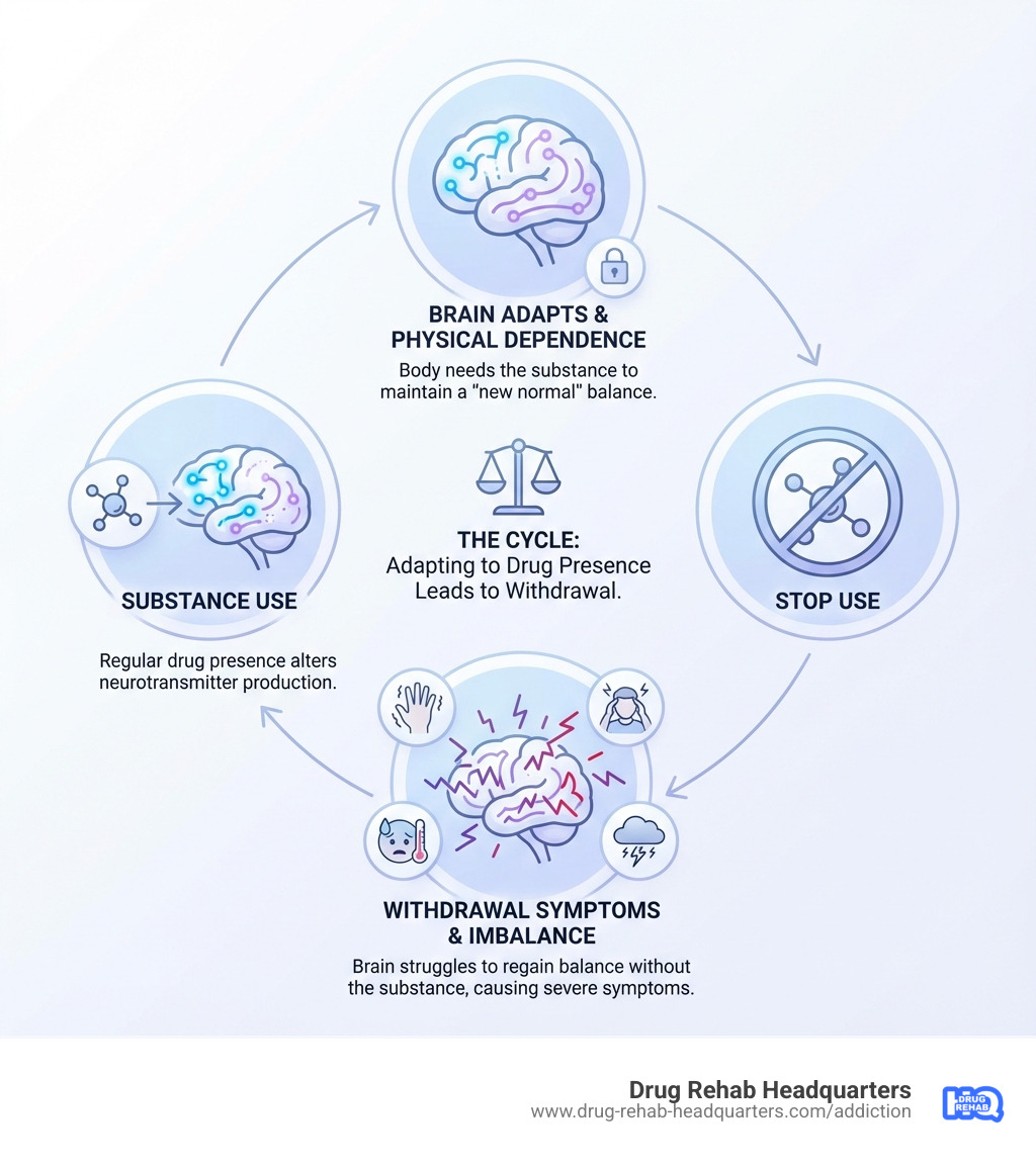 Infographic showing the cycle of substance use leading to physical dependence, with the brain adapting to regular drug presence by changing neurotransmitter production, followed by withdrawal symptoms when use stops as the brain struggles to regain balance without the substance - drug withdrawal symptoms infographic 