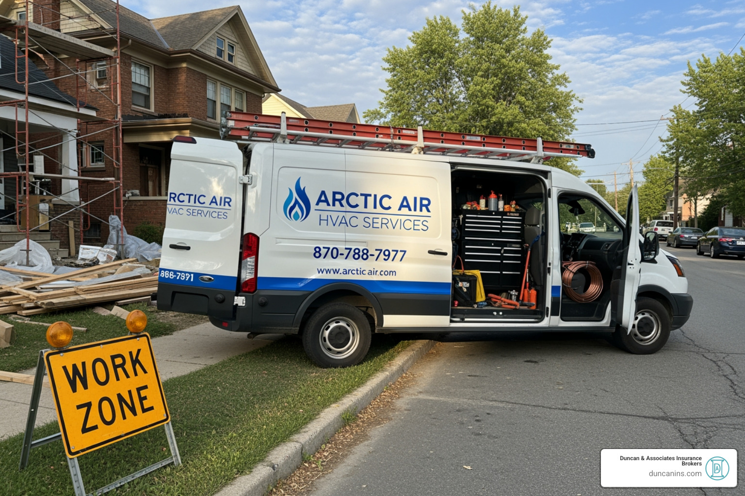 branded HVAC work van parked at a job site - commercial hvac insurance