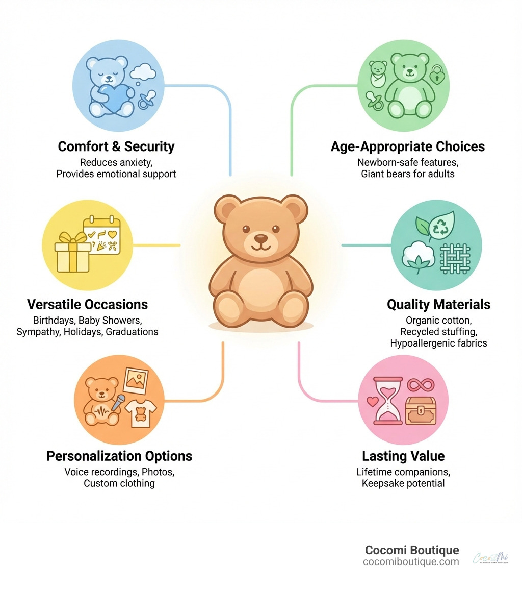 Infographic showing why teddy bears make perfect gifts: Comfort & Security (reduces anxiety, provides emotional support), Versatile Occasions (birthdays, baby showers, sympathy, holidays, graduations), Personalization Options (voice recordings, photos, custom clothing), Age-Appropriate Choices (newborn-safe features, giant bears for adults), Quality Materials (organic cotton, recycled stuffing, hypoallergenic fabrics), and Lasting Value (lifetime companions, keepsake potential) - gift teddy infographic 