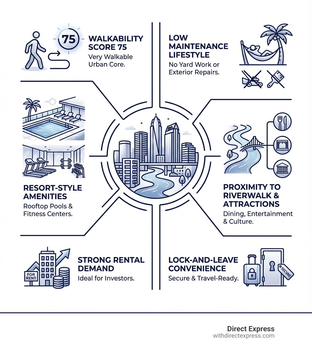 infographic showing benefits of downtown tampa condo living including walkability score of 75, low maintenance lifestyle, resort-style amenities like pools and fitness centers, proximity to riverwalk and attractions, strong rental demand for investors, and lock-and-leave convenience - buy a condo donwtonw tampa infographic 
