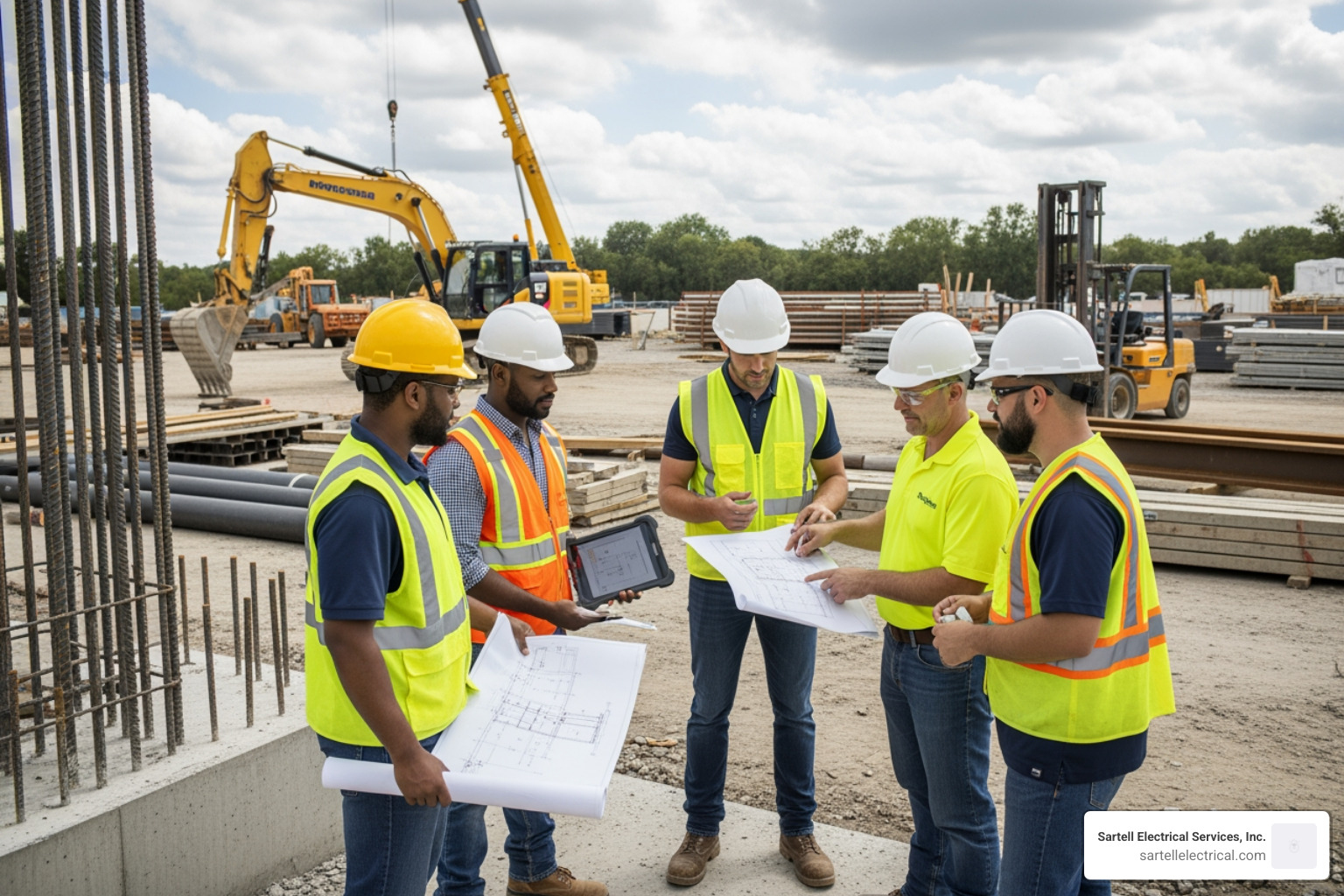 team meeting on a job site - electrical project coordinator jobs