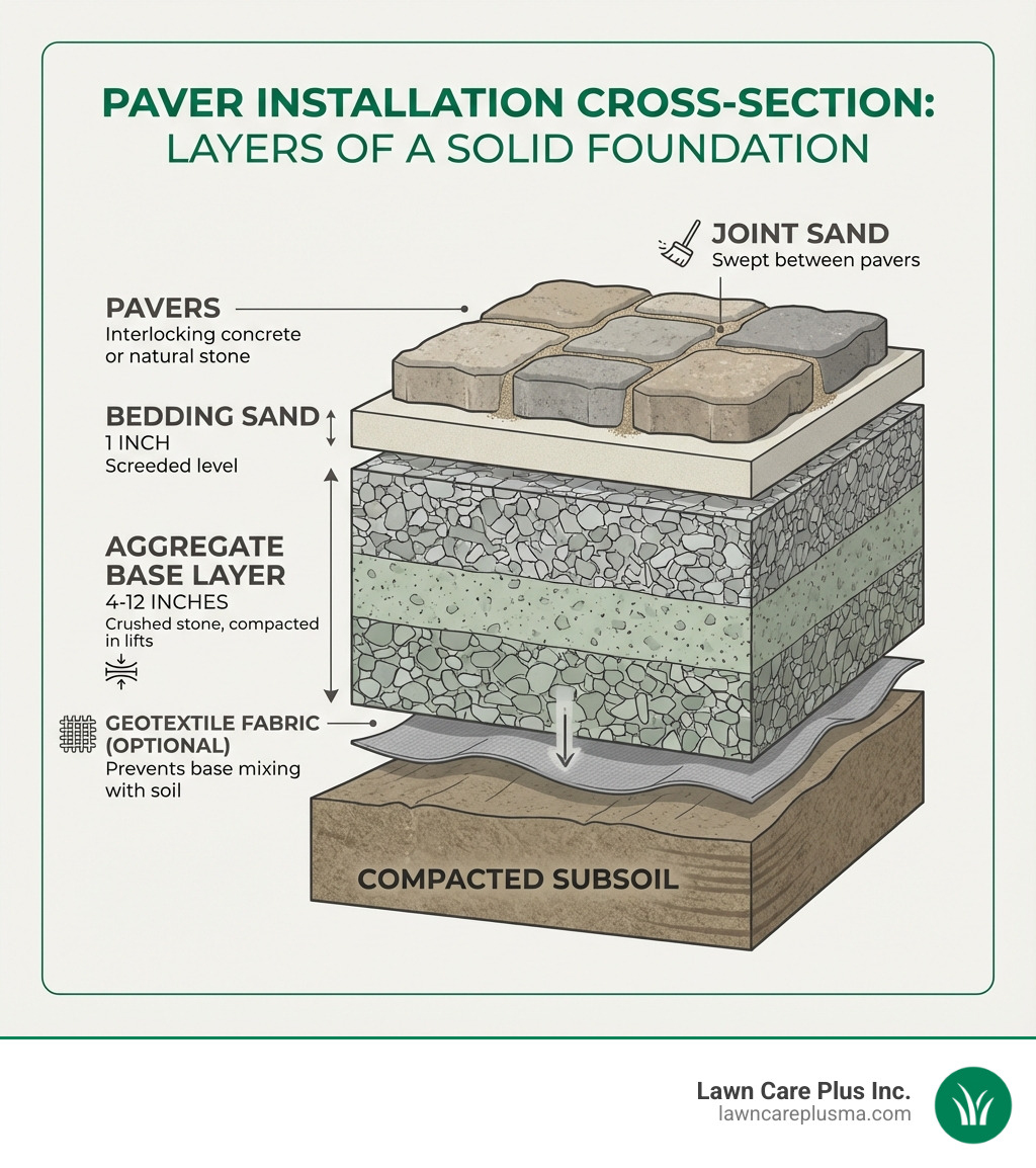 Infographic showing cross-section of paver installation with labeled layers from bottom to top: Compacted Subsoil, Geotextile Fabric (optional, prevents base mixing with soil), Aggregate Base Layer (4-12 inches of crushed stone, compacted in lifts), Bedding Sand (1 inch, screeded level), Pavers (interlocking concrete or natural stone), and Joint Sand (swept between pavers) - base for paving stones infographic Infographic showing cross-section of paver installation with labeled layers from bottom to top: Compacted Subsoil, Geotextile Fabric (optional, prevents base mixing with soil), Aggregate Base Layer (4-12 inches of crushed stone, compacted in lifts), Bedding Sand (1 inch, screeded level), Pavers (interlocking concrete or natural stone), and Joint Sand (swept between pavers) - base for paving stones infographic