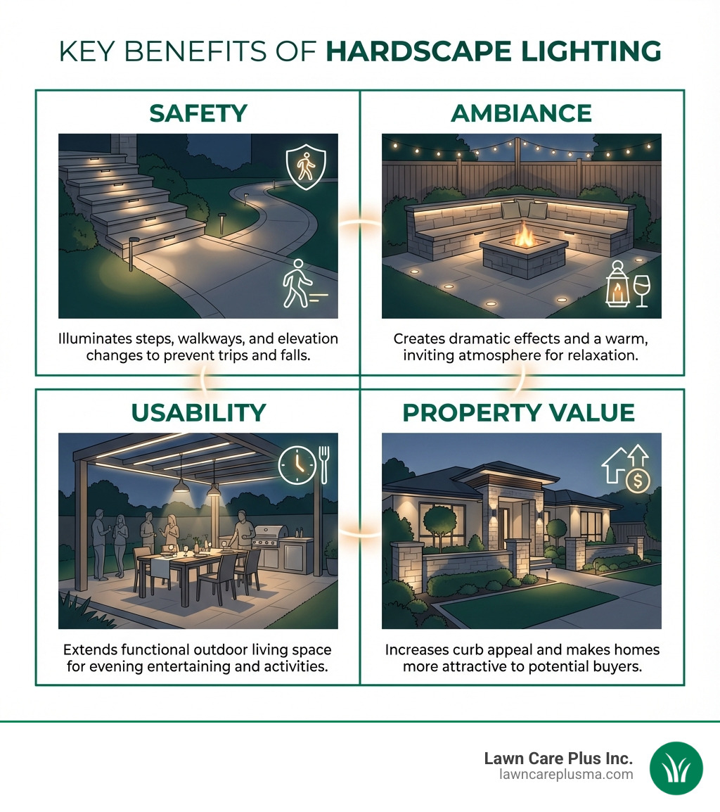 infographic showing four key benefits of hardscape lighting in a visual grid format: Safety icon with illuminated steps, Ambiance icon with softly lit patio, Usability icon with outdoor dining at night, and Property Value icon with attractive home exterior - Hardscape lighting design infographic 