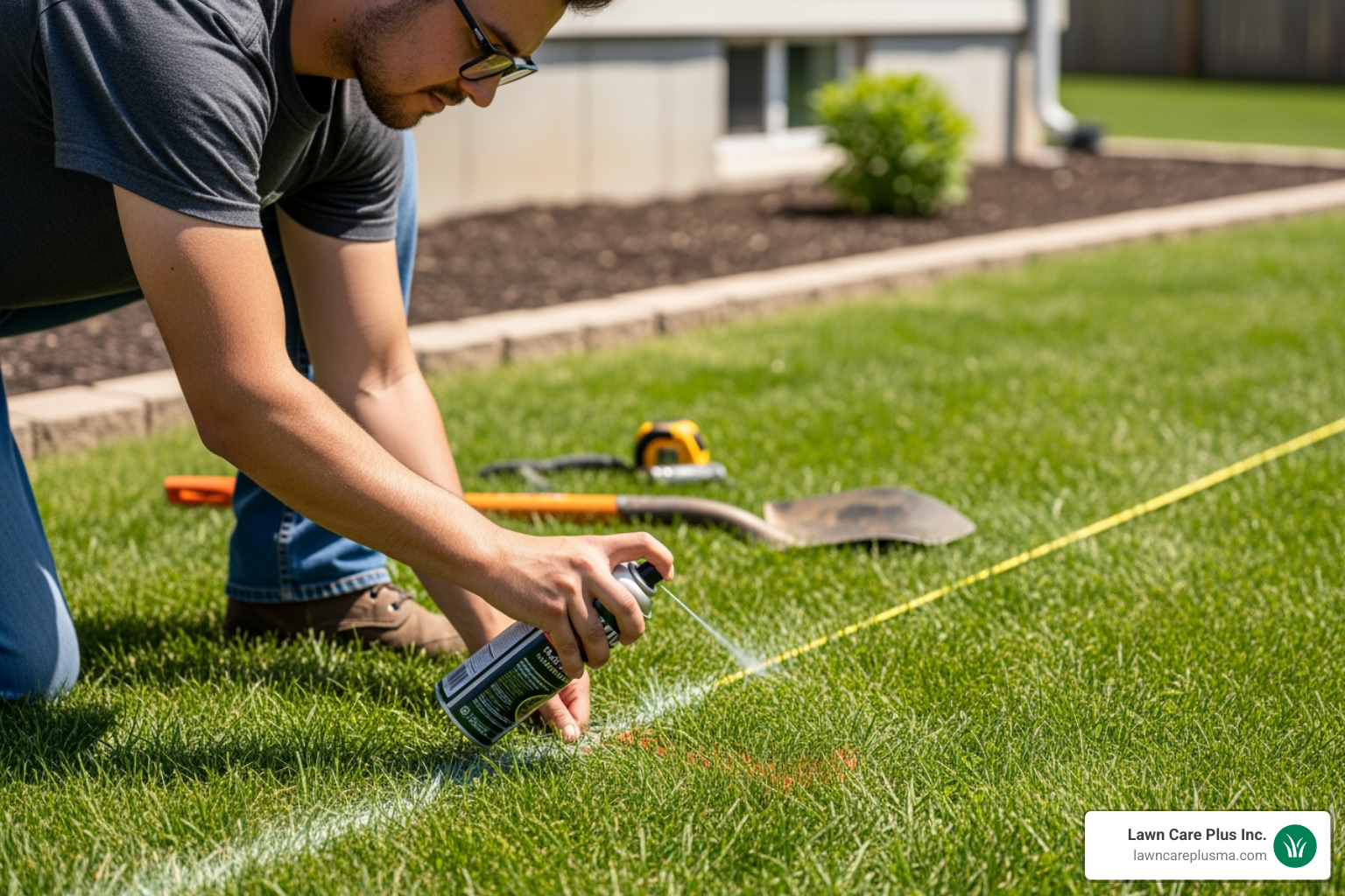 person planning a drain route on their property with landscaping paint - small french drain
