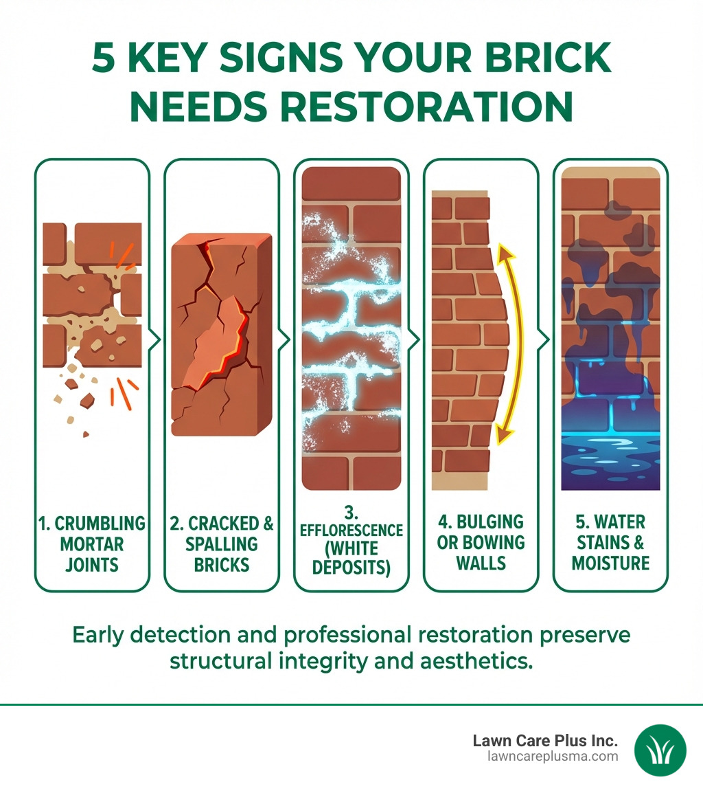 Infographic showing the 5 key signs your brick needs restoration: 1. Crumbling or deteriorating mortar joints between bricks, 2. Cracked or spalling bricks with flaking surfaces, 3. White powdery deposits on brick surfaces (efflorescence), 4. Bulging or bowing sections of brick walls, 5. Water stains or moisture penetration through masonry - brick restoration near me infographic 
