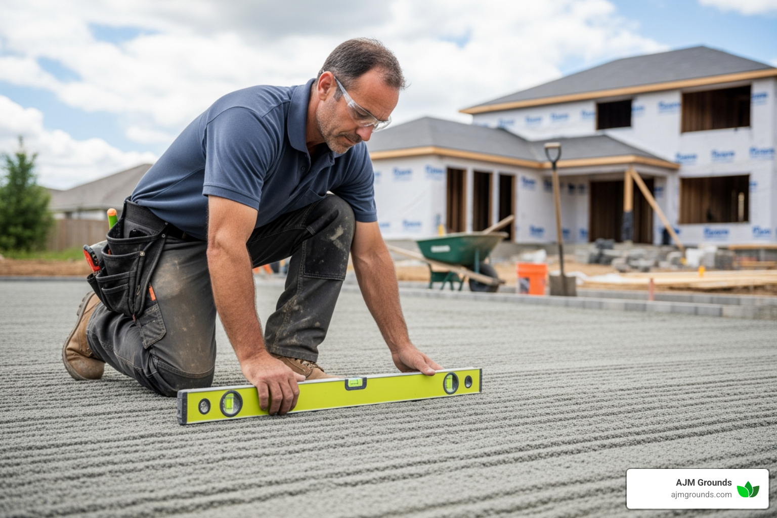 contractor measuring paver base - paver stone contractors near me