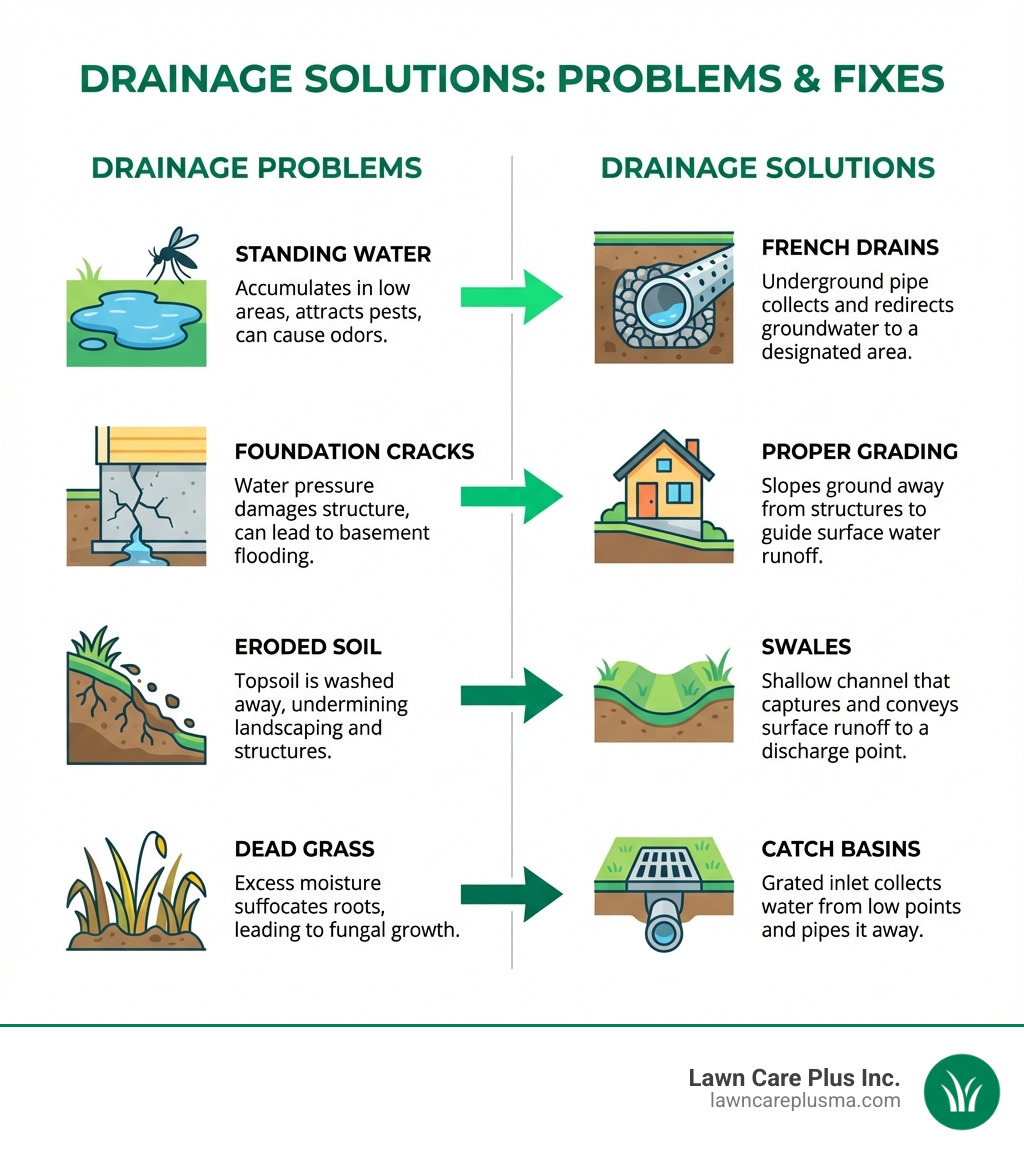 infographic showing common drainage problems on the left side including standing water, foundation cracks, eroded soil, and dead grass, with arrows pointing to corresponding drainage solutions on the right side including French drains, proper grading, swales, and catch basins, with icons representing each solution and brief explanations of how they work - Drainage Solutions infographic 