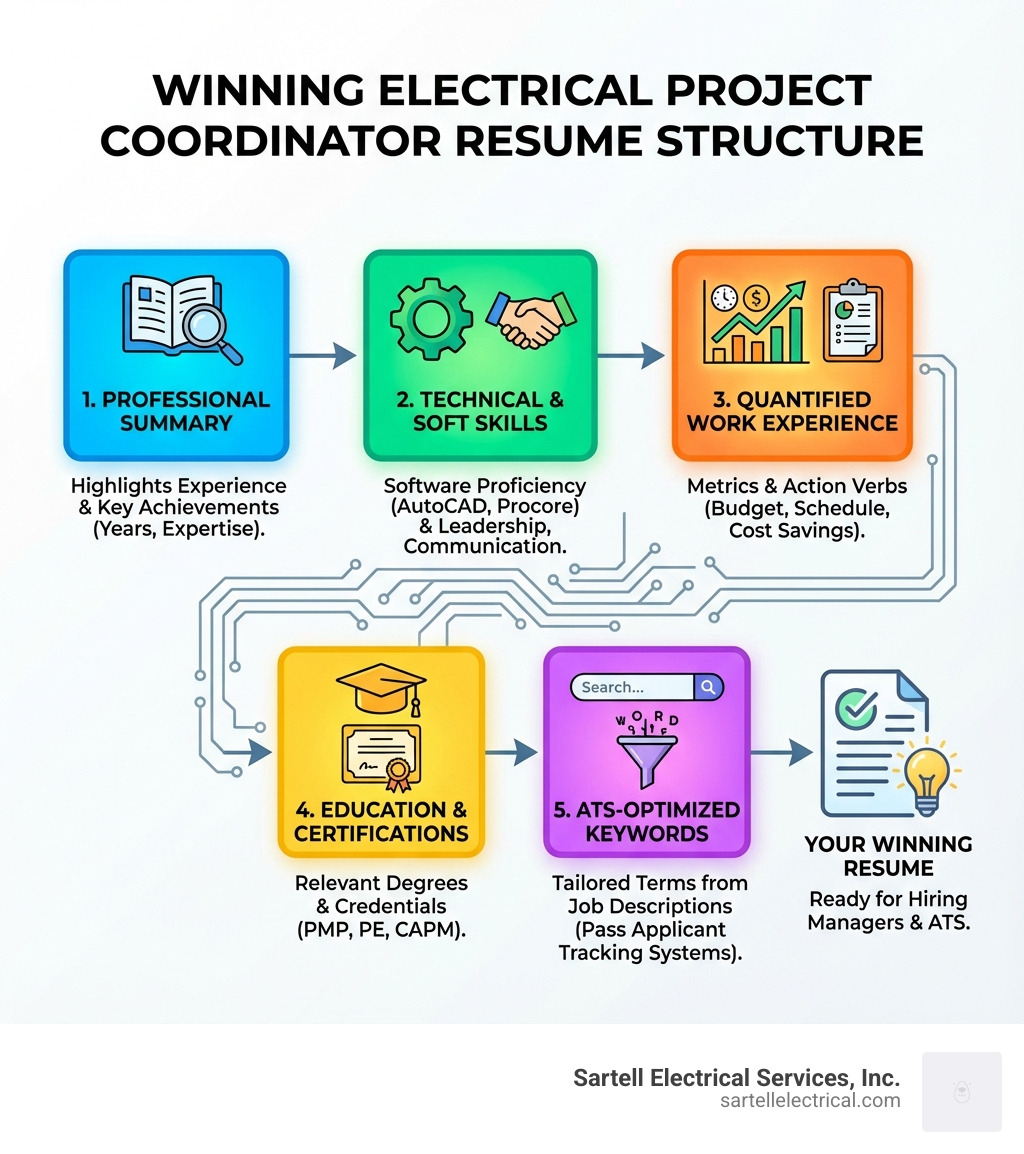 Infographic showing the 5 key sections of a winning electrical project coordinator resume: 1) Professional Summary with experience and achievements, 2) Technical and Soft Skills including software proficiency and leadership, 3) Quantified Work Experience with metrics and action verbs, 4) Education and Certifications like PMP and PE, 5) ATS-Optimized Keywords from job descriptions - electrical project coordinator resume infographic Infographic showing the 5 key sections of a winning electrical project coordinator resume: 1) Professional Summary with experience and achievements, 2) Technical and Soft Skills including software proficiency and leadership, 3) Quantified Work Experience with metrics and action verbs, 4) Education and Certifications like PMP and PE, 5) ATS-Optimized Keywords from job descriptions - electrical project coordinator resume infographic