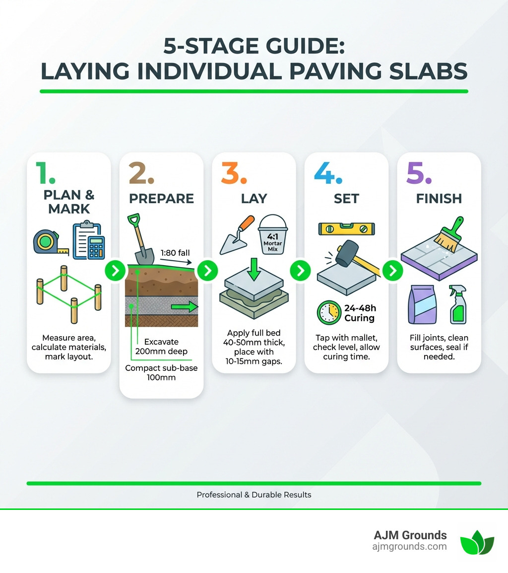 Infographic showing the 5 main stages of laying paving slabs: Stage 1 Plan & Mark (measure area, calculate materials, mark layout with pegs and string), Stage 2 Prepare (excavate 200mm deep, compact sub-base 100mm, set 1:80 drainage fall), Stage 3 Lay (mix 4:1 mortar, apply full bed 40-50mm thick, place slabs with 10-15mm gaps), Stage 4 Set (tap with rubber mallet, check level with spirit level, allow 24-48 hours curing), Stage 5 Finish (fill joints with compound, clean surfaces, seal if needed) - laying individual paving slabs infographic 