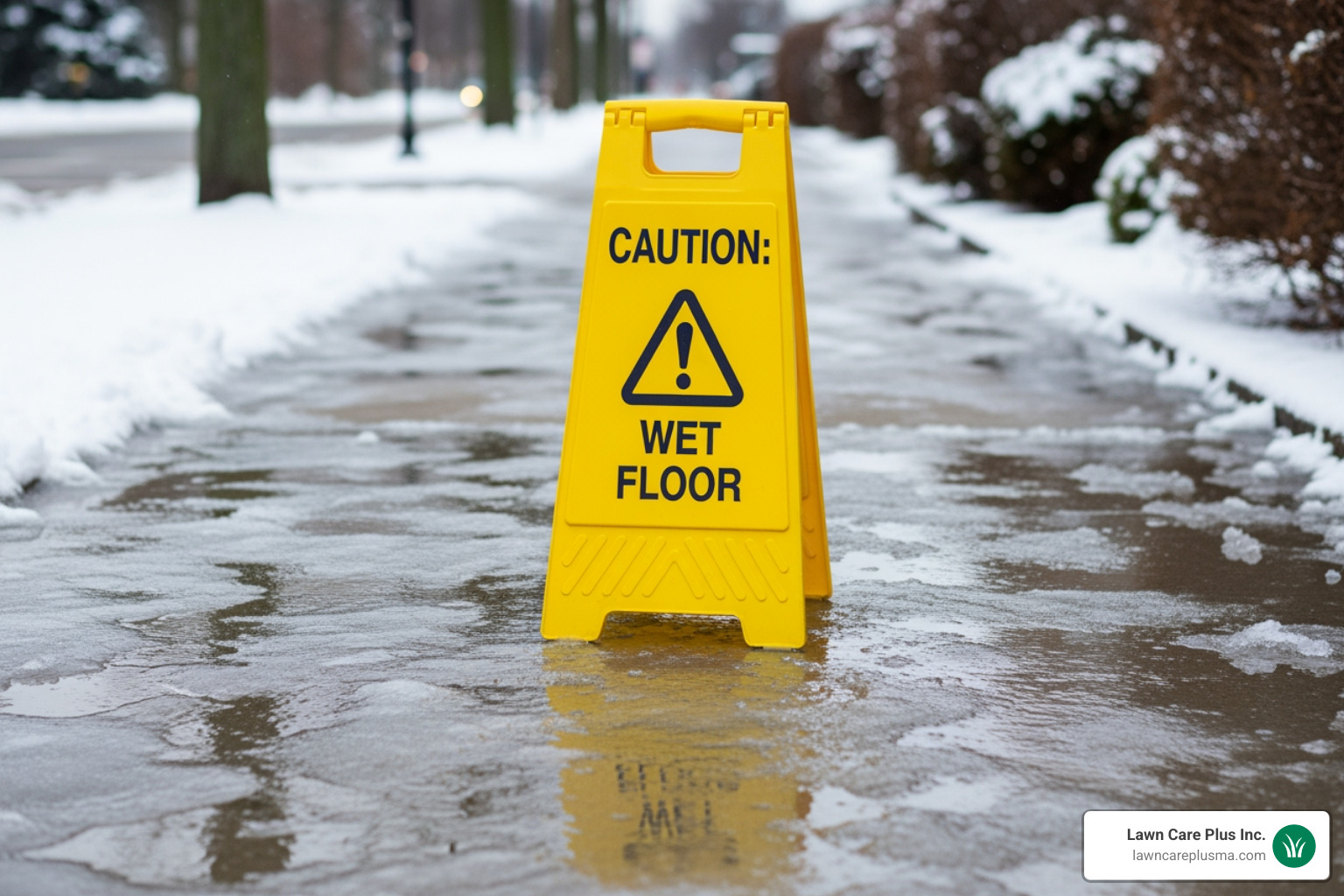 Caution: Wet Floor sign on an icy sidewalk - Commercial ice management Caution: Wet Floor sign on an icy sidewalk - Commercial ice management