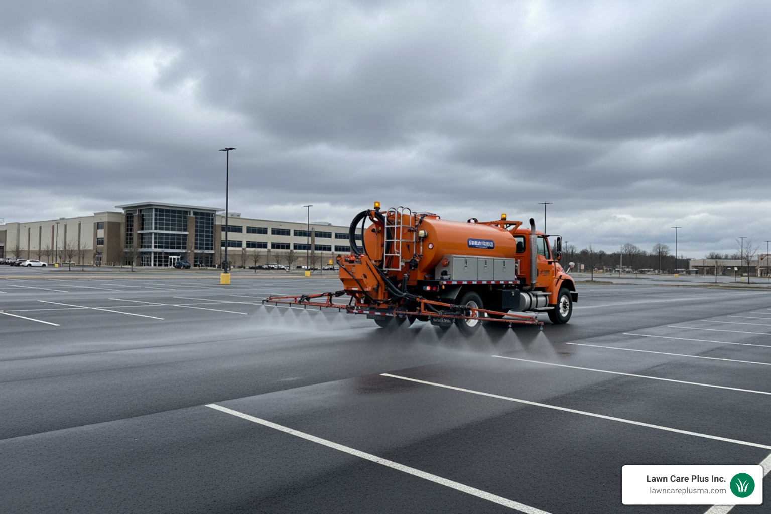 brine sprayer truck treating a commercial parking lot before a storm - Commercial ice management brine sprayer truck treating a commercial parking lot before a storm - Commercial ice management