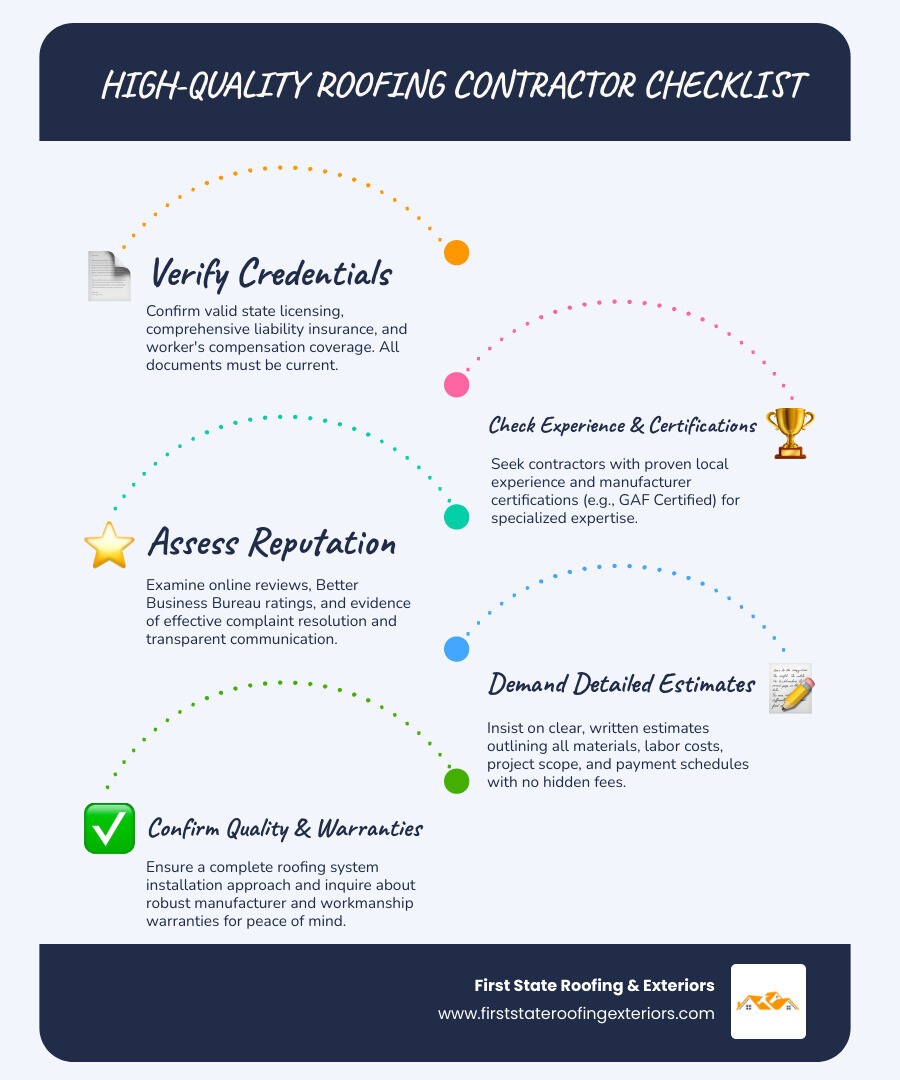 Infographic showing a comprehensive checklist for vetting a roofing contractor, including verification of state licensing and license expiration date, confirmation of liability insurance and workers compensation coverage, review of manufacturer certifications like GAF Certified status, evaluation of years of local experience and completed project portfolio, assessment of online reviews and BBB rating with complaint resolution history, requirement for detailed written estimates and clear communication, and confirmation of complete system installation approach with proper warranties - high quality roofing infographic infographic-line-5-steps-blues-accent_colors