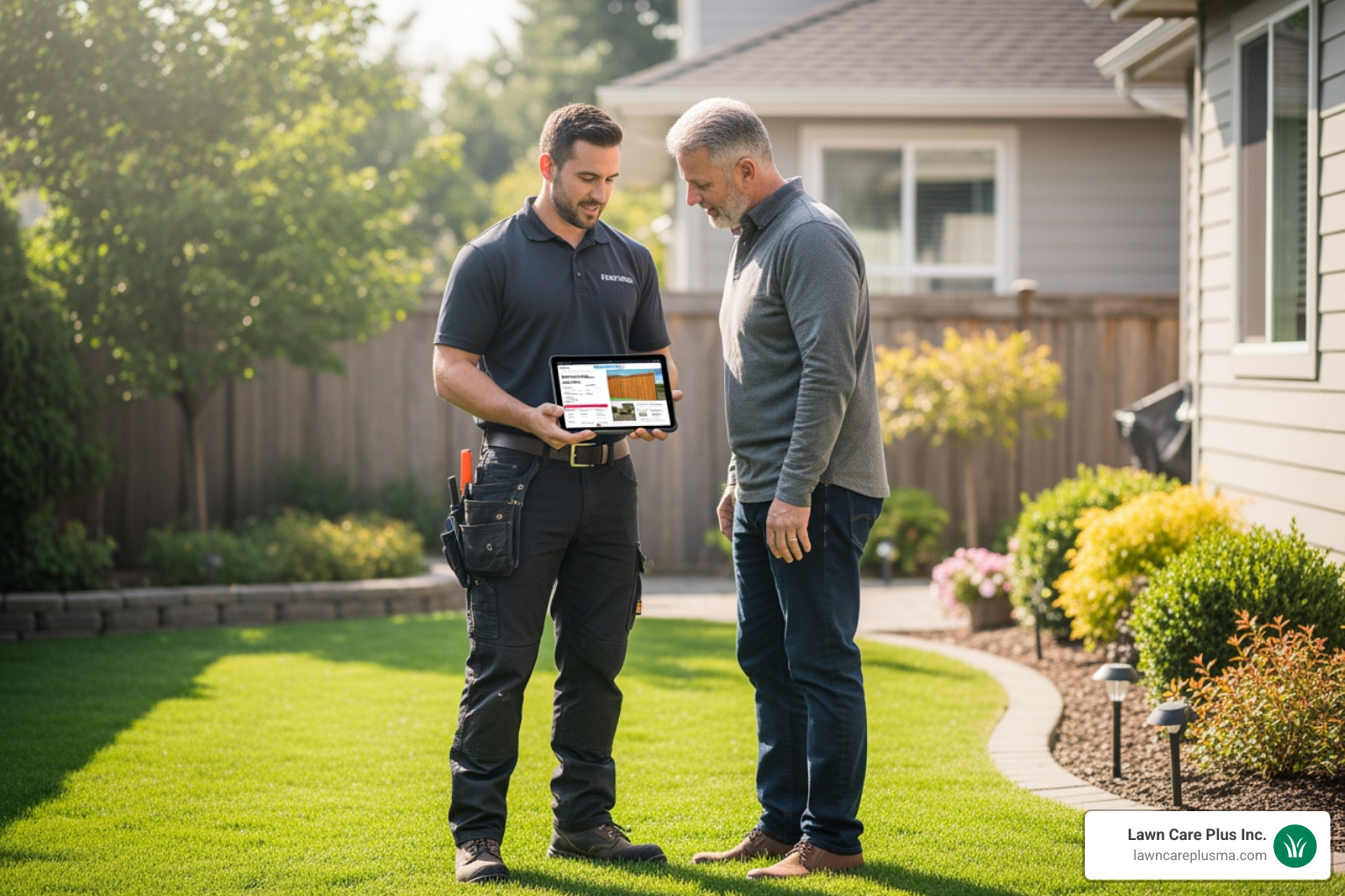 fence installer using a tablet to provide a quote to a homeowner - Fence Installer fence installer using a tablet to provide a quote to a homeowner - Fence Installer