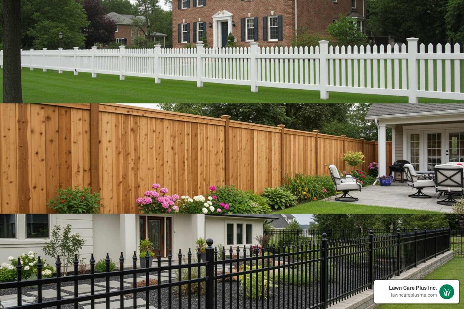 different fence styles like a white picket fence, a tall wooden privacy fence, and an ornamental aluminum fence - Fence Installer different fence styles like a white picket fence, a tall wooden privacy fence, and an ornamental aluminum fence - Fence Installer