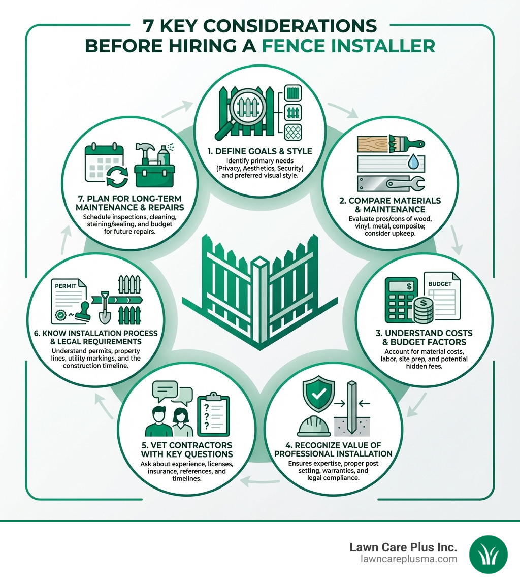infographic showing 7 key considerations before hiring a fence installer: define your goals and style, compare materials and maintenance needs, understand costs and budget factors, recognize the value of professional installation, vet contractors with key questions, know the installation process and legal requirements, and plan for long-term maintenance and repairs - Fence Installer infographic infographic showing 7 key considerations before hiring a fence installer: define your goals and style, compare materials and maintenance needs, understand costs and budget factors, recognize the value of professional installation, vet contractors with key questions, know the installation process and legal requirements, and plan for long-term maintenance and repairs - Fence Installer infographic