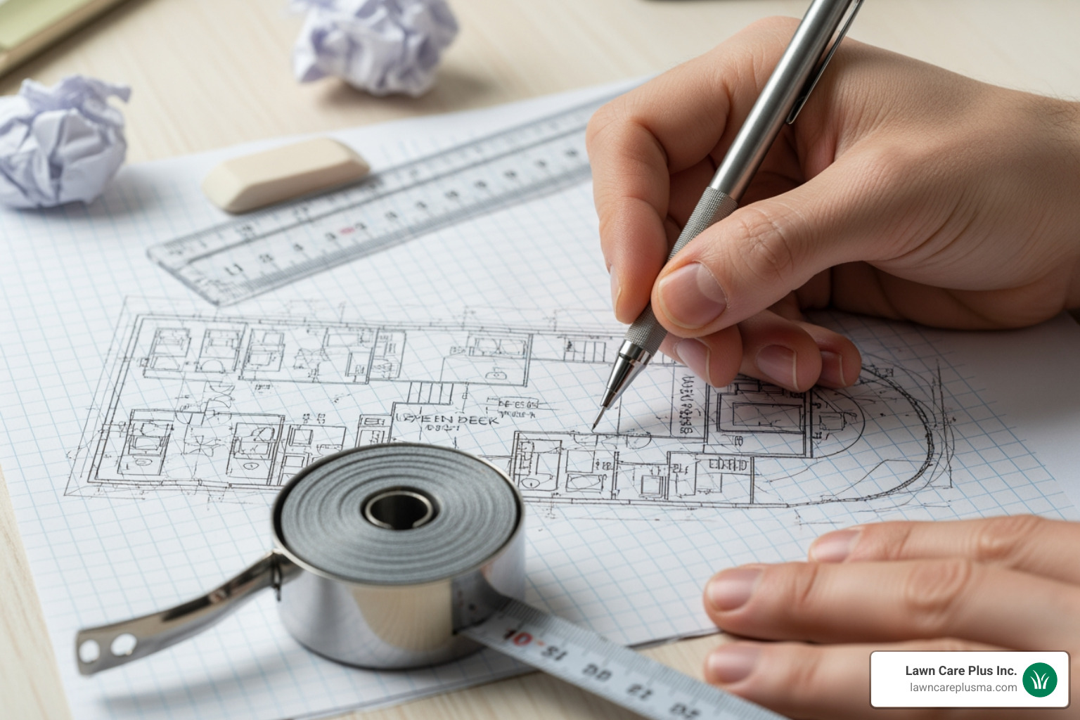 A person sketching a deck plan on graph paper with a tape measure nearby - design a deck