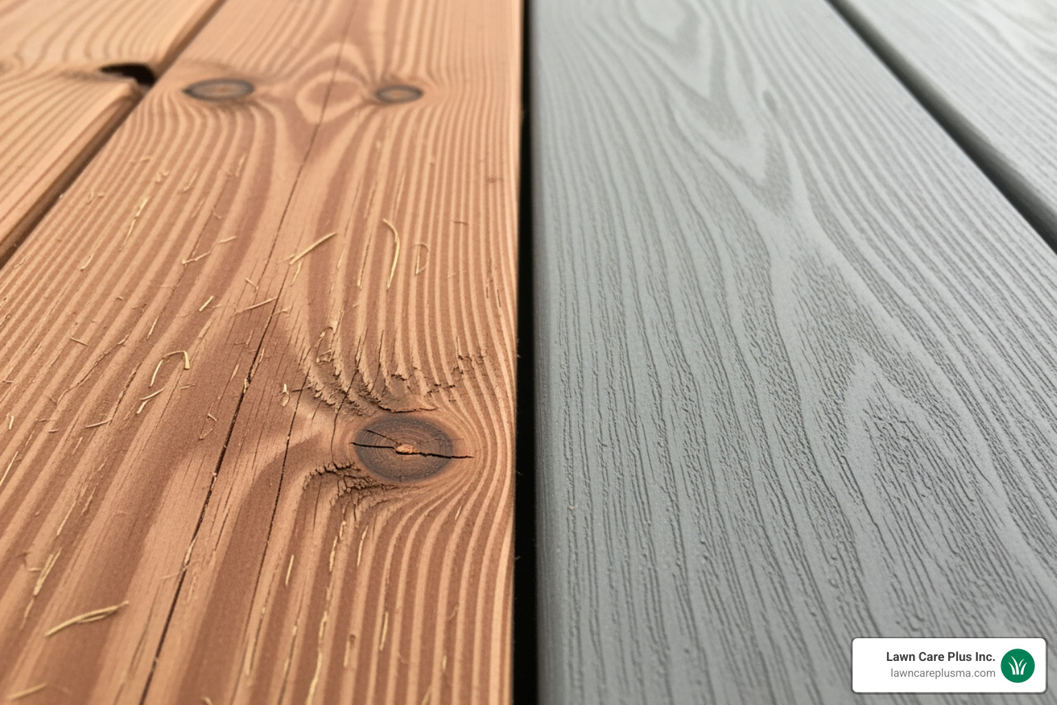 Side-by-side comparison of a natural wood deck board and a composite deck board - design a deck