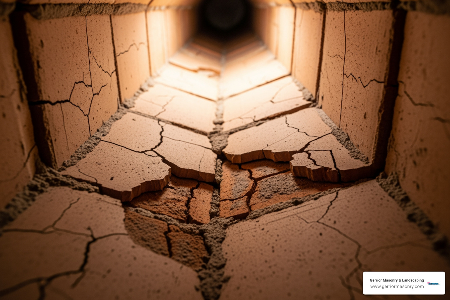 cracked clay flue tiles visible inside a chimney - chimney liner installation near me
