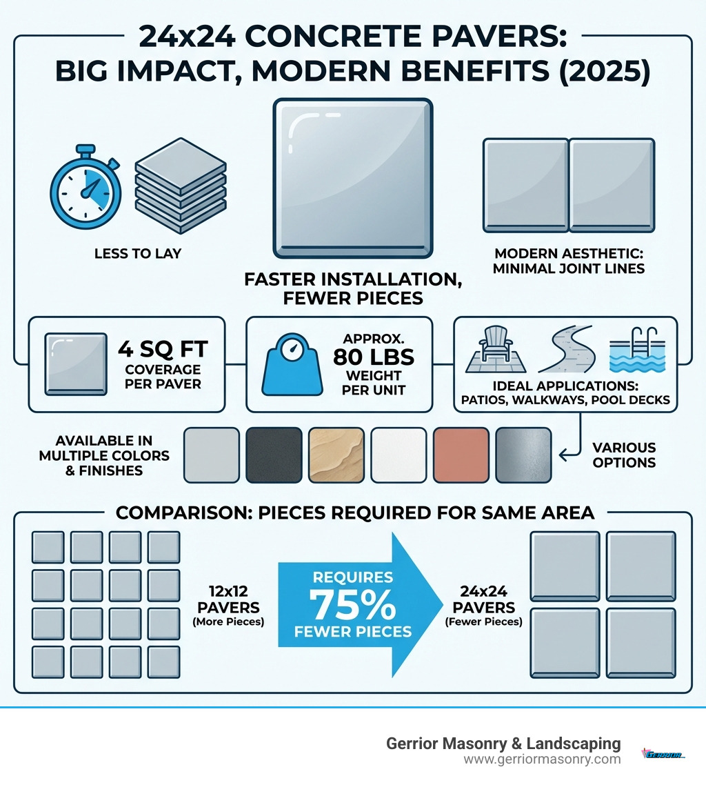 Infographic showing the benefits of 24x24 concrete pavers: Faster installation time with fewer pieces to lay, Modern aesthetic with minimal joint lines, 4 square feet coverage per paver, Approximately 80 lbs weight per unit, Ideal applications including patios walkways and pool decks, Available in multiple colors and finishes, Comparison chart showing 24x24 pavers require 75% fewer pieces than 12x12 pavers for the same area - 24x24 concrete pavers infographic 