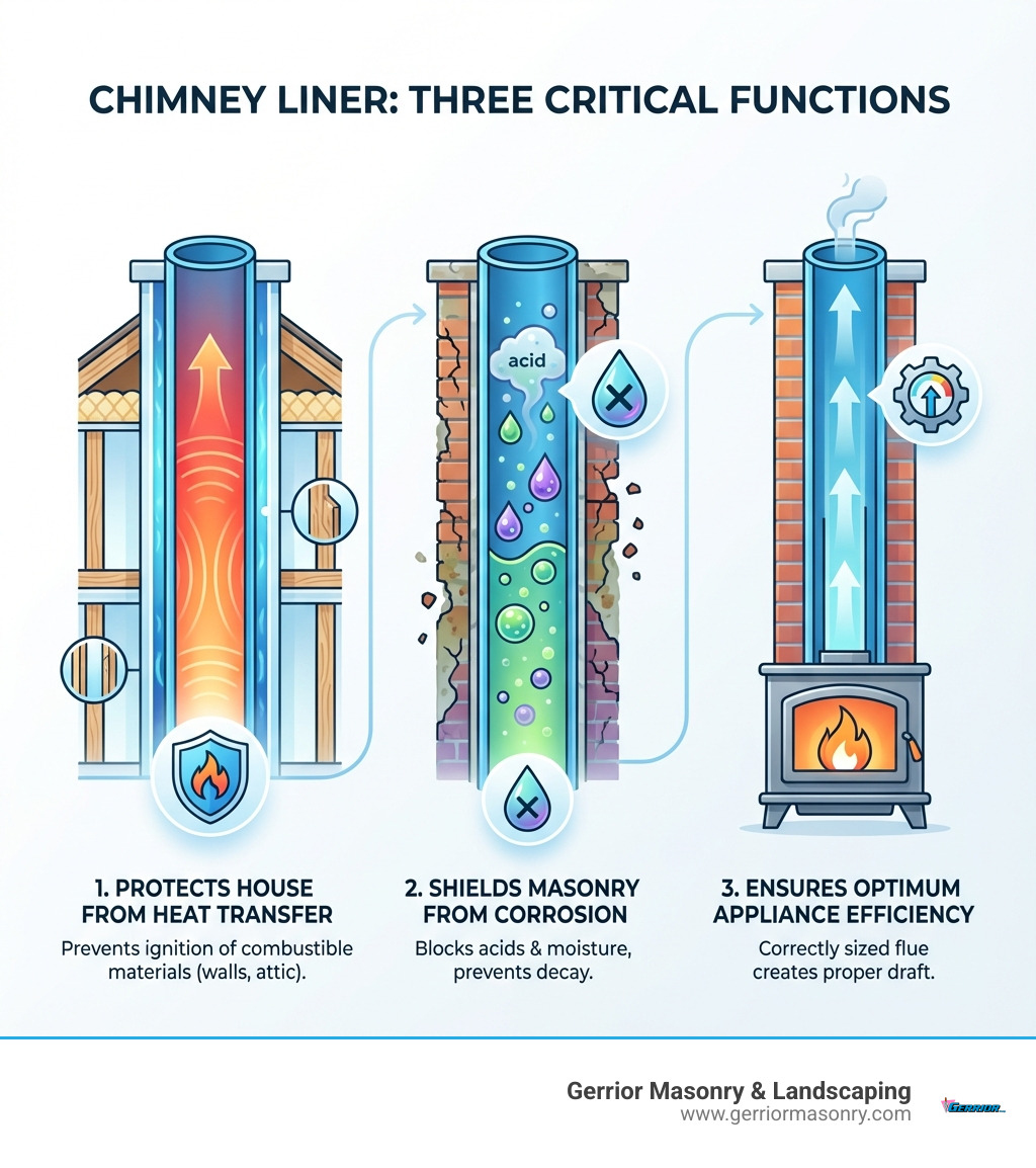 Infographic explaining the three main functions of a chimney liner: protecting the house from heat transfer to combustible materials in walls and attic, protecting masonry from corrosive byproducts of combustion including acids and moisture, and providing a correctly sized flue for optimum appliance efficiency - chimney liner installation near me infographic 