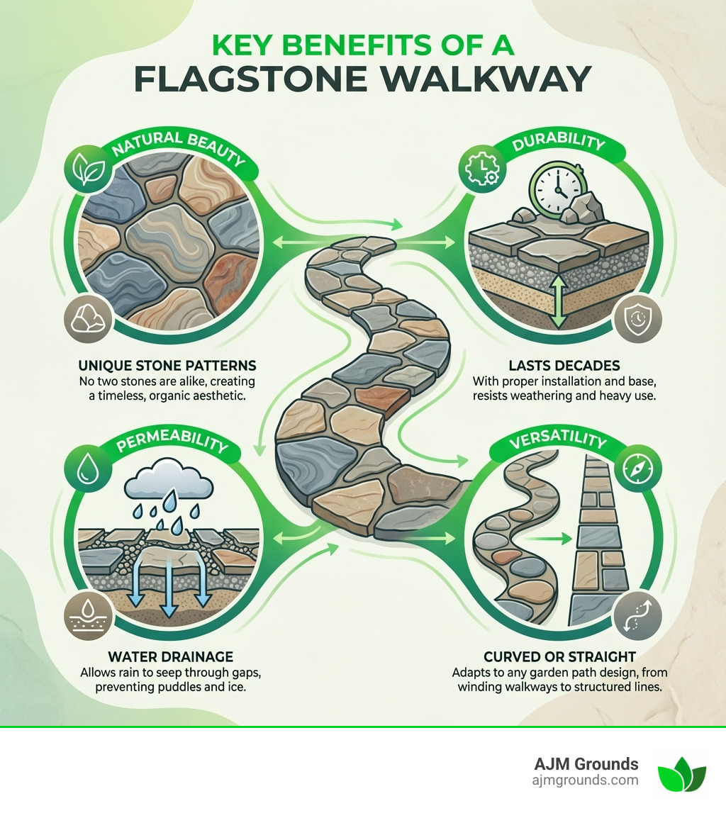 Infographic showing the key benefits of a flagstone walkway: Natural Beauty with unique stone patterns, Durability lasting decades with proper installation, Permeability allowing water drainage to prevent pooling, and Versatility for curved or straight path designs - laying a flagstone walkway infographic 