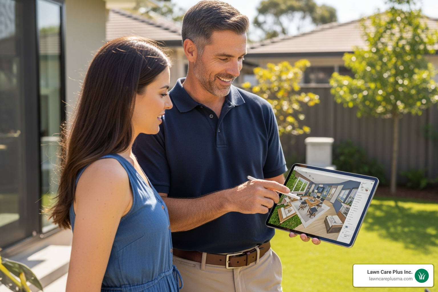 contractor reviewing a 3D design plan with a homeowner on a tablet in their backyard - outdoor living space contractors near me