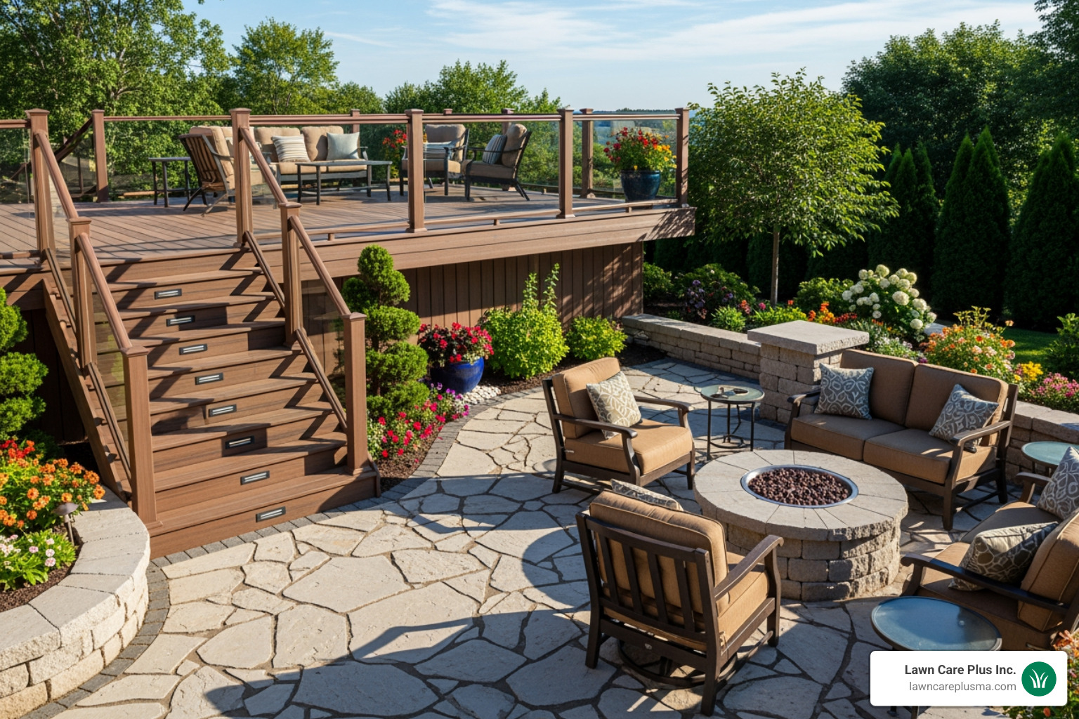 multi-level composite deck integrated with a stone patio and fire pit - outdoor living space contractors near me