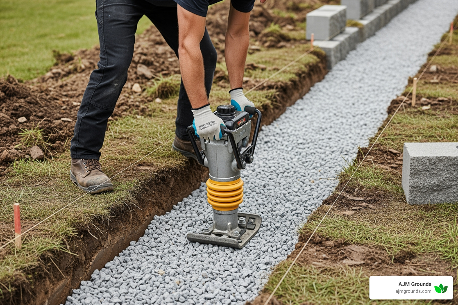 landscaper using a hand tamper to compact gravel in a trench - base for retaining wall