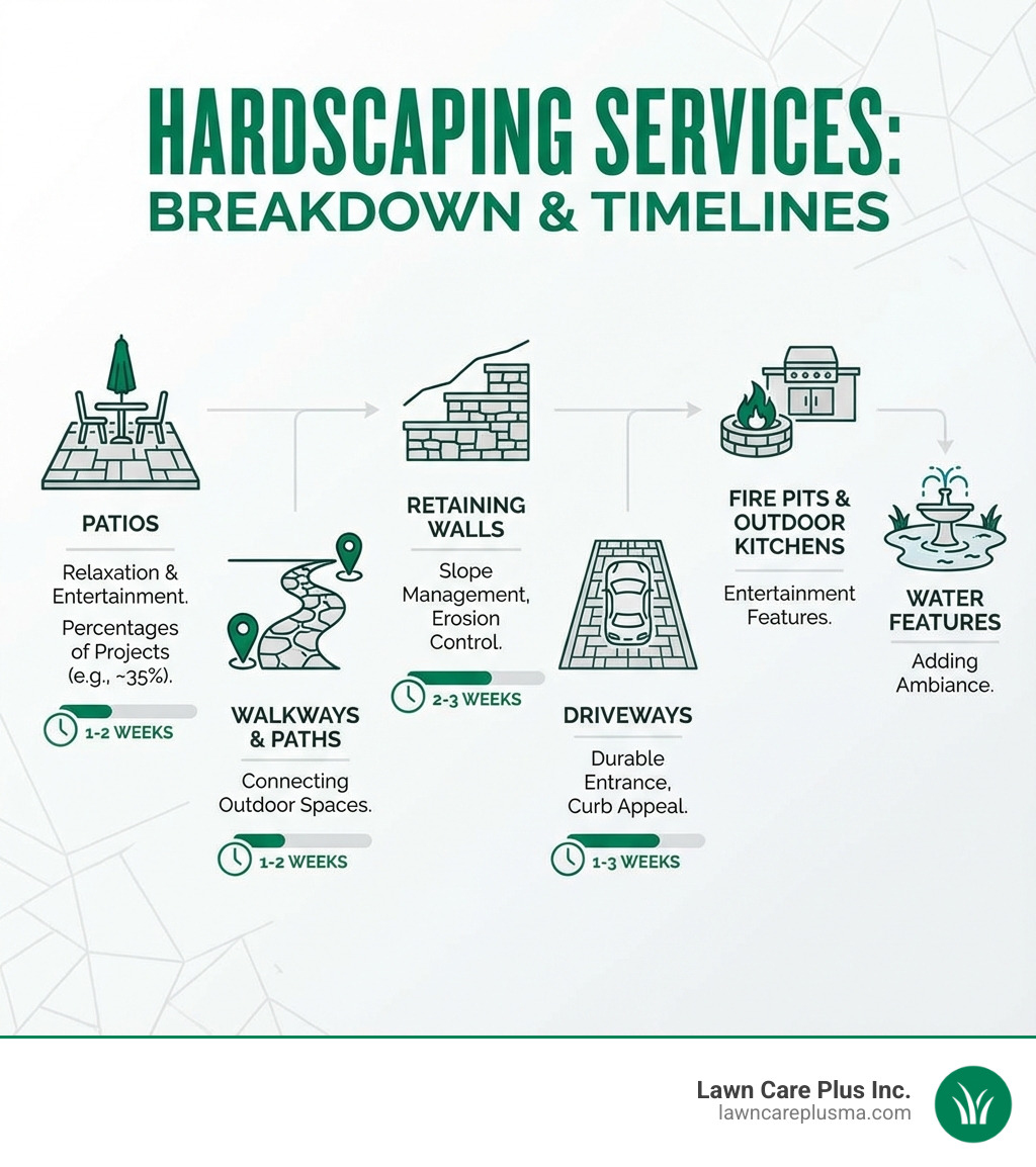 infographic showing the breakdown of common hardscaping services including patios with percentages of projects, walkways and paths connecting outdoor spaces, retaining walls for slope management and erosion control, driveways as durable entrances, fire pits and outdoor kitchens as entertainment features, and water features adding ambiance, with icons representing each category and typical project timelines of 1-2 weeks for patios and walkways, 2-3 weeks for retaining walls, and 1-3 weeks for driveways - Hardscaping Services infographic 