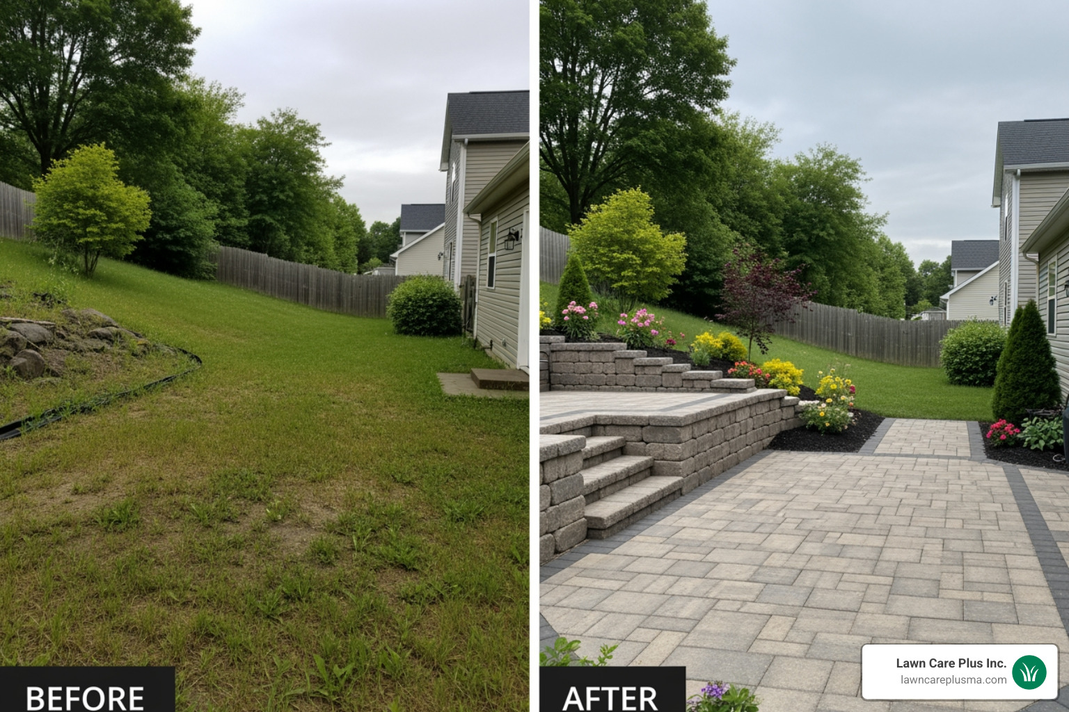 before and after shot of a backyard transformed with a new patio and retaining wall - Hardscaping Services