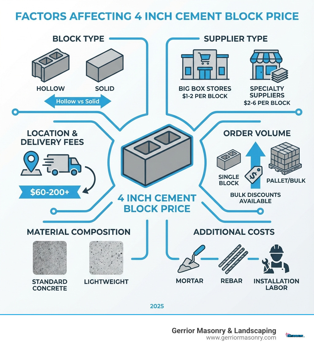 Infographic showing factors affecting 4 inch cement block price including block type (hollow vs solid), supplier type (big box stores $1-2 per block vs specialty suppliers $2-6 per block), location and delivery fees ($60-200+), order volume (bulk discounts available), material composition (standard concrete vs lightweight), and additional costs like mortar, rebar, and installation labor - 4 inch cement block price infographic Infographic showing factors affecting 4 inch cement block price including block type (hollow vs solid), supplier type (big box stores $1-2 per block vs specialty suppliers $2-6 per block), location and delivery fees ($60-200+), order volume (bulk discounts available), material composition (standard concrete vs lightweight), and additional costs like mortar, rebar, and installation labor - 4 inch cement block price infographic